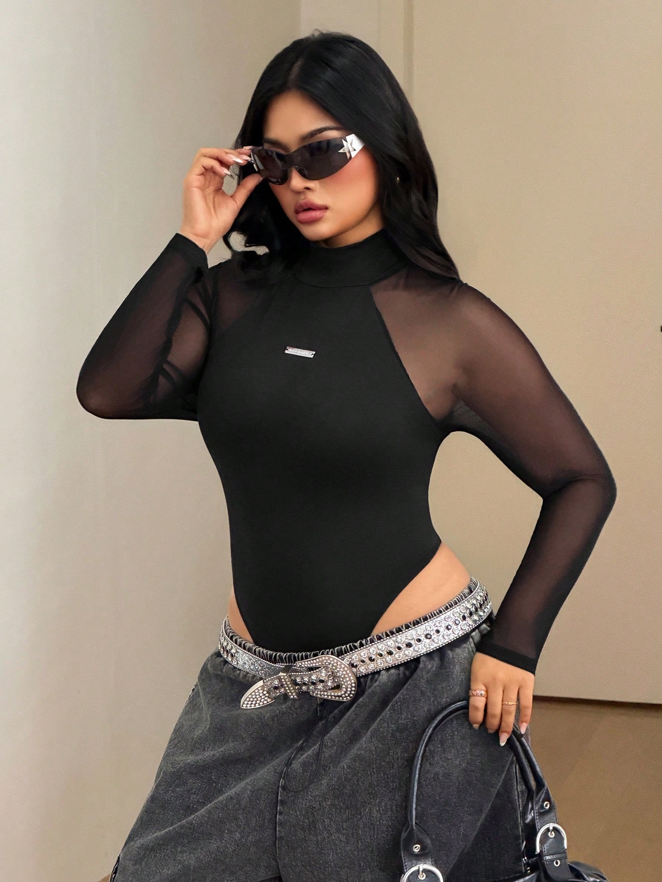 Coolane Women's Plus Size Fall Winter Streetwear Sexy Elegant Night Out Going Out Club Casual Stretchy Black Contrast Lace Long Sleeve Bodysuit Halloween - Image 2