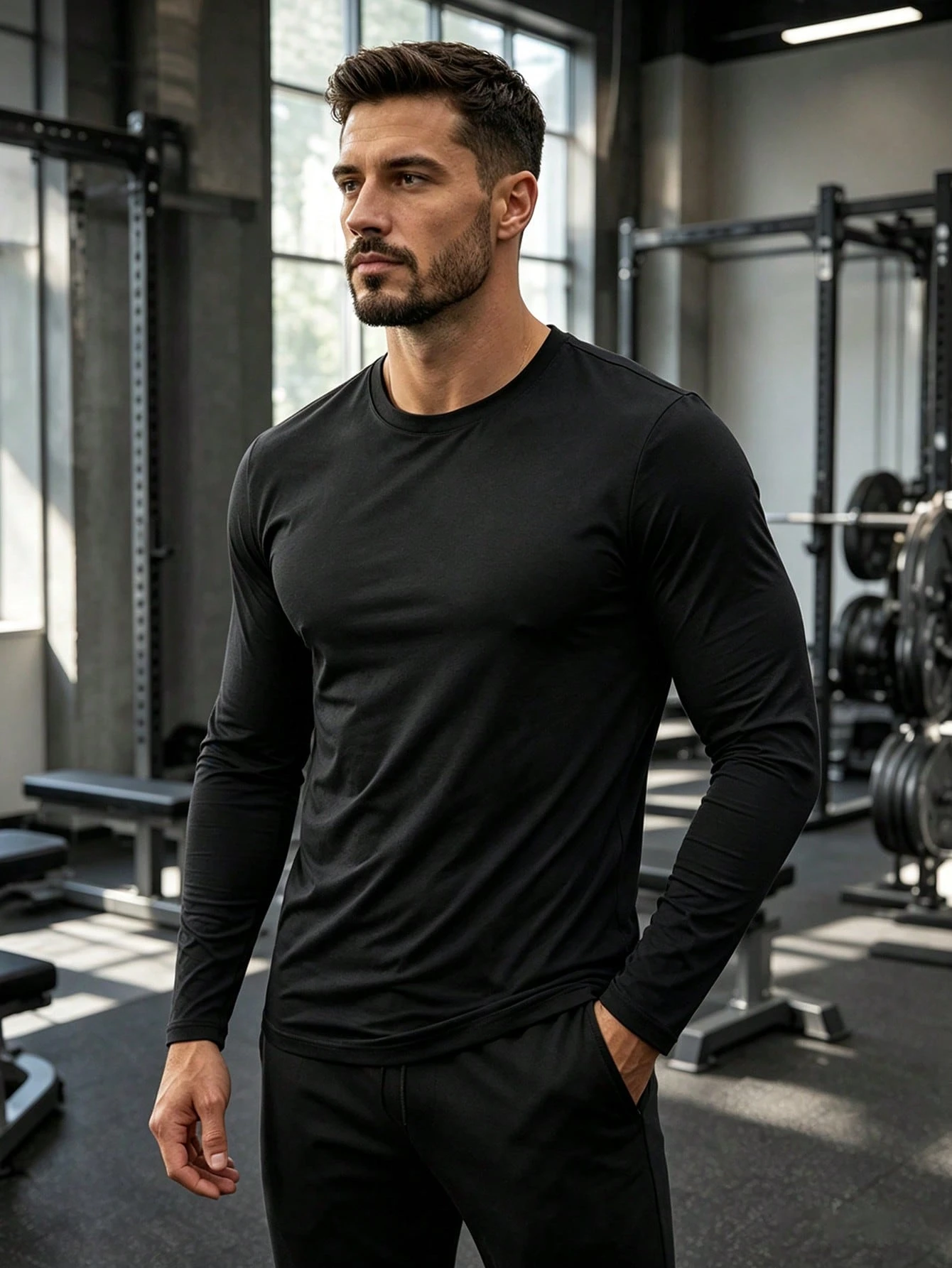 Men's 3-Pack Solid Color Long Sleeve Shirts, Classic Crew Neck Soft Stretch T-Shirts, Everyday Wear Tops