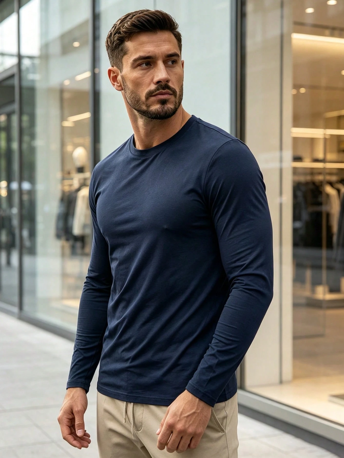 Men's 3-Pack Solid Color Long Sleeve Shirts, Classic Crew Neck Soft Stretch T-Shirts, Everyday Wear Tops