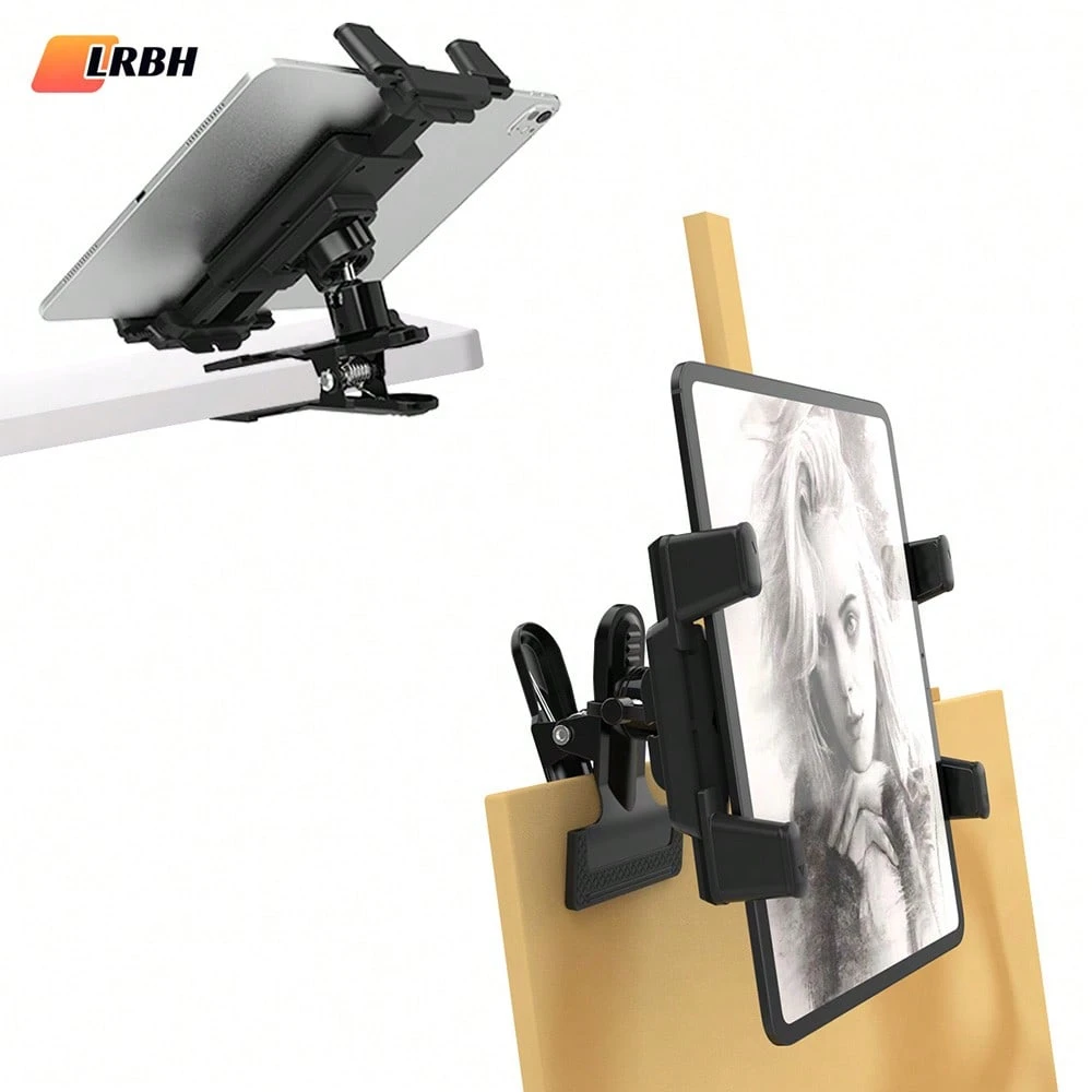 LRBH Adjustable 360° Rotating Universal Stainless Steel Mobile Phone / Newly Upgraded Tablet Stand Clamp, Suitable For Desktops, Tables, And Art Easels, Facilitating Live Streaming, Video Calls And Artistic Creation - Black