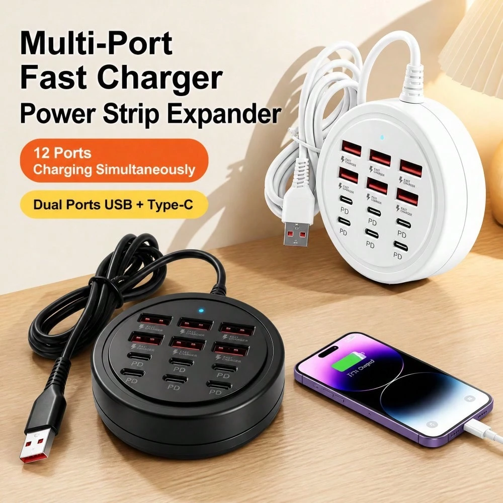 New!! New Round 12-Port USB Fast Charging Station - 6*Type-C PD + 6*USB-A, Each Port Up To 25W Output, Compact Design, High-Speed Charging, Suitable For Laptops/Tablets/Multiple Devices, A Fast Charger Designed For Multiple Devices - 6PD+6USB