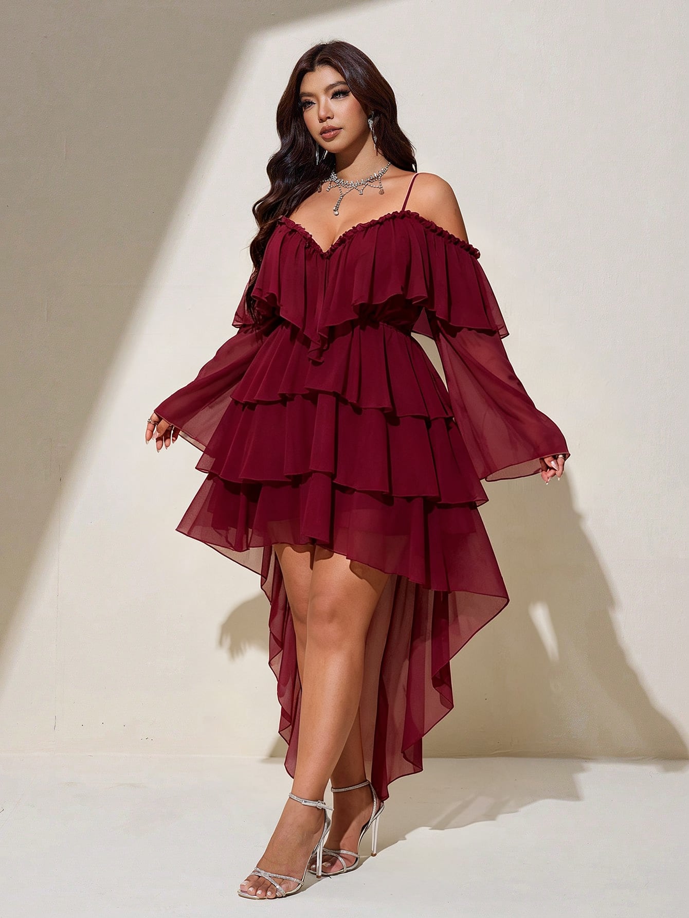 Viva Relle Plus Size Sexy Cold Shoulder Spaghetti Strap Front Short Back Long Burgundy Dress Fall