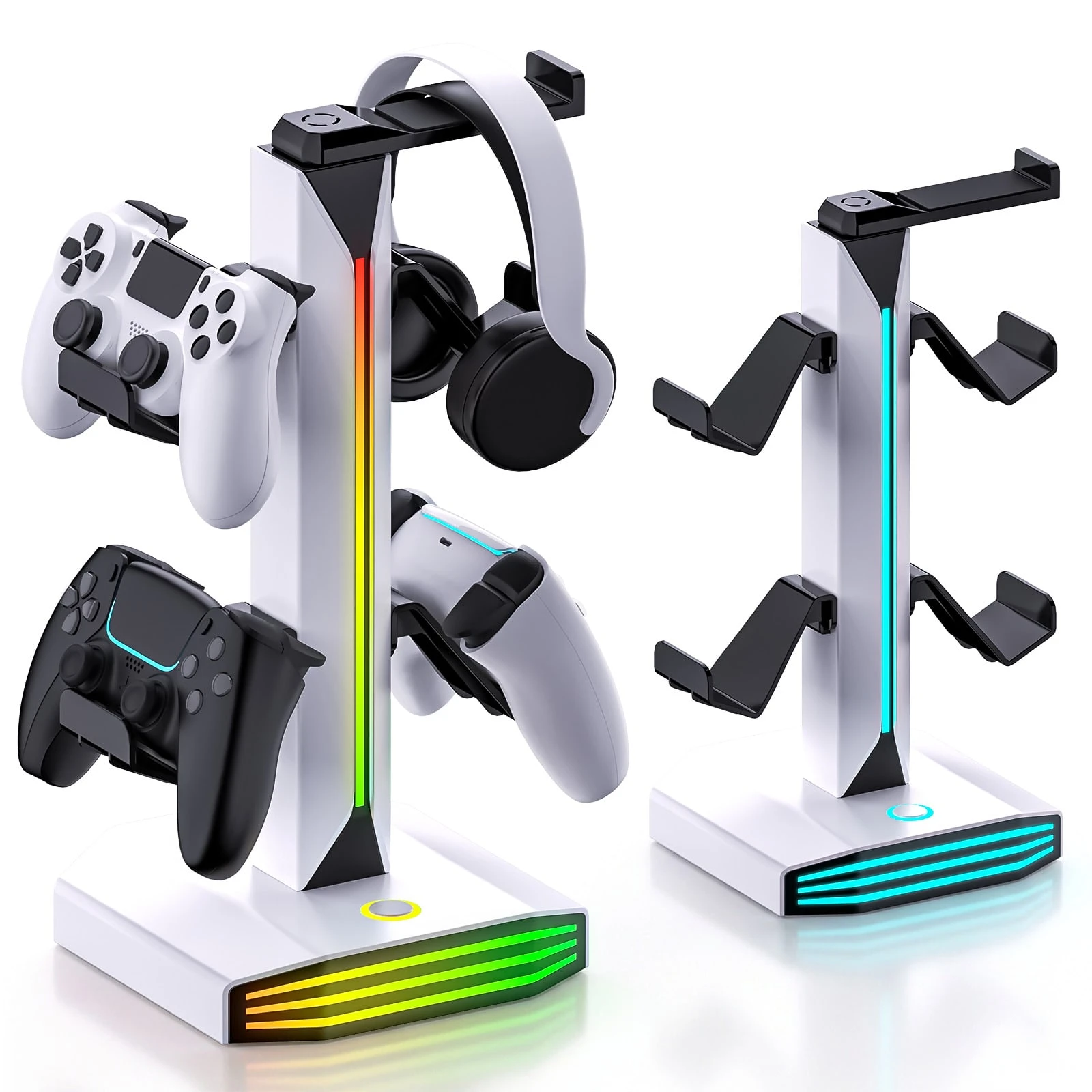 RGB Headset Stand & Controller Holder, Holds 4 Controllers & 1 Headset, 7-Color Lighting, 360° Rotatable Arm, Detachable Hooks, 2 USB-A Ports, USB-C Input, Anti-Slip Base, Gaming Desk Organizer For P5/P4, X Series, Switch & PC - Multicolor