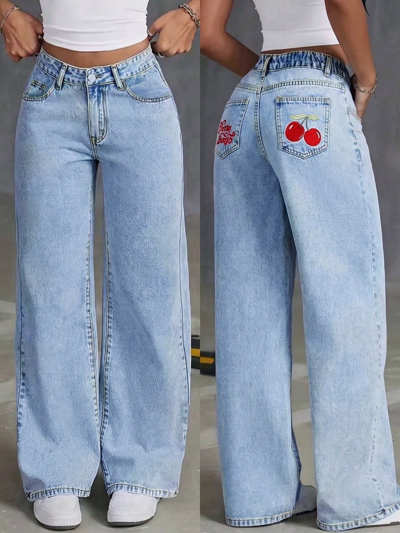 Viva La Moda#Spring Autumn Winter Casual Versatile Fashion Elegant Bohemian Cute Airport Outfit Holiday Travel Daily Vacation Denim Women's Embroidered Design Elastic Waist Washed Denim Long Pants - Image 2