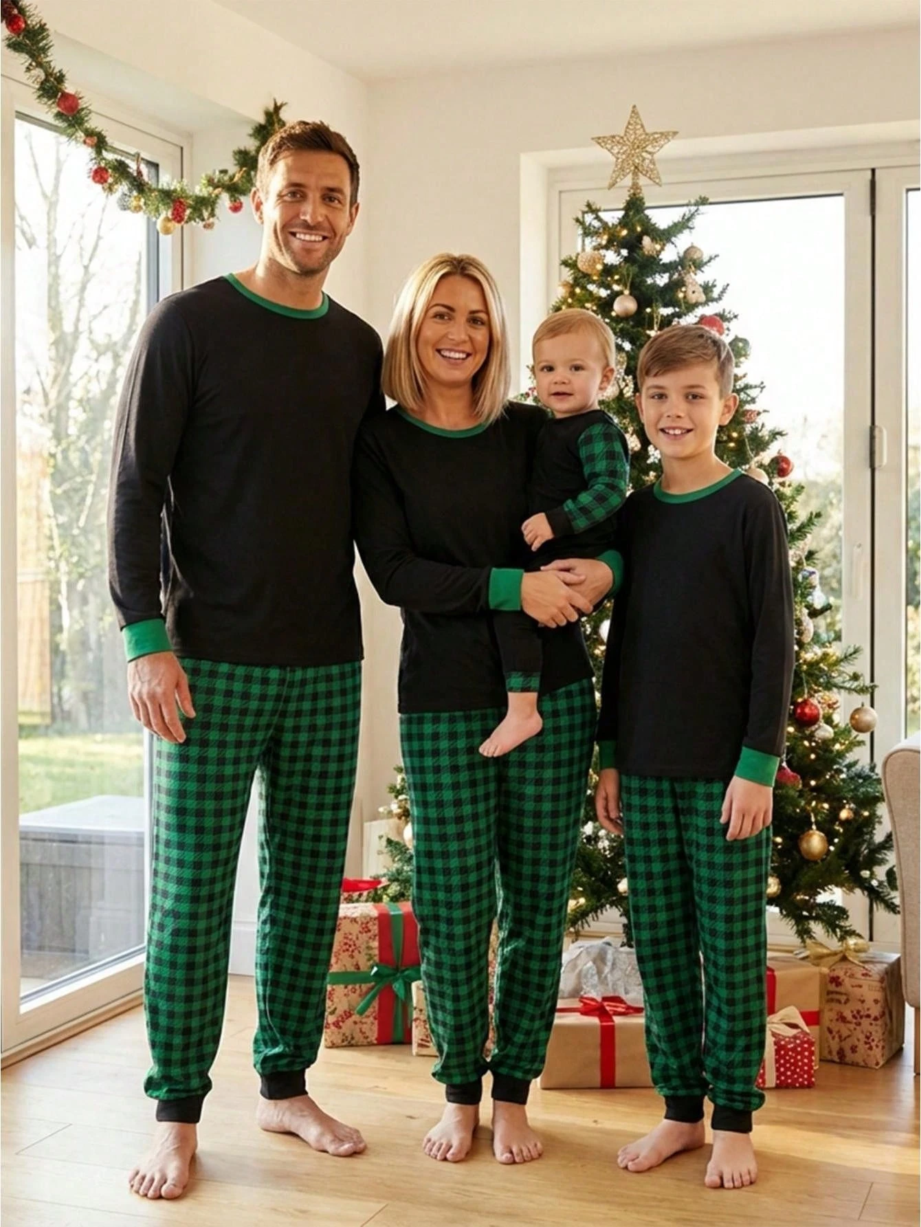 Family Matching Christmas Pajamas Set Plaid Print Holiday Pajamas Sleepwear Dad Mom Kids PJs - Black
