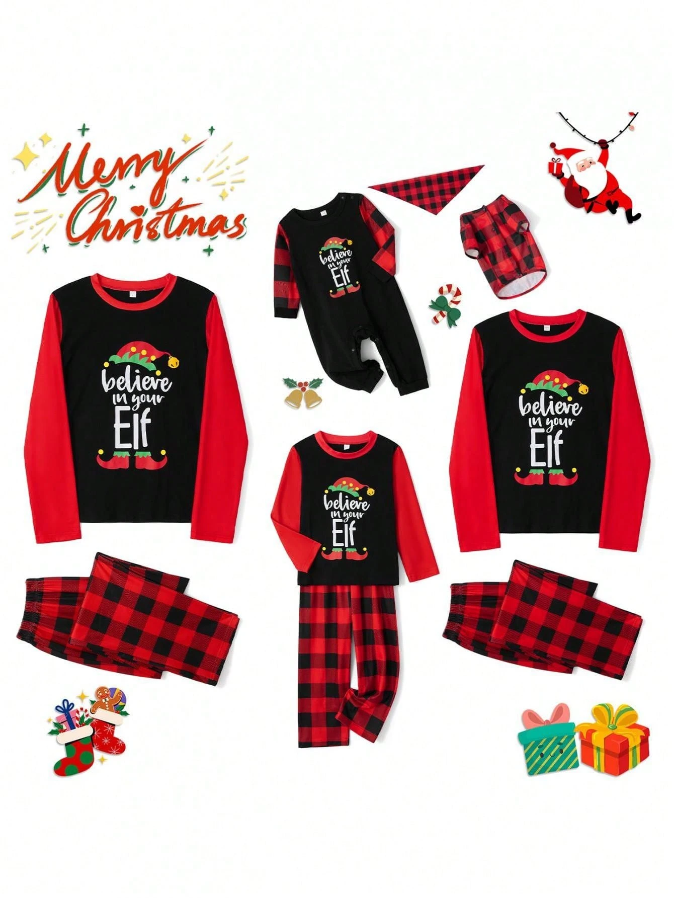 Matching Christmas Pajamas For Family Long Sleeve Elf Print Tops + Plaid Pants Set Loungewear - Red
