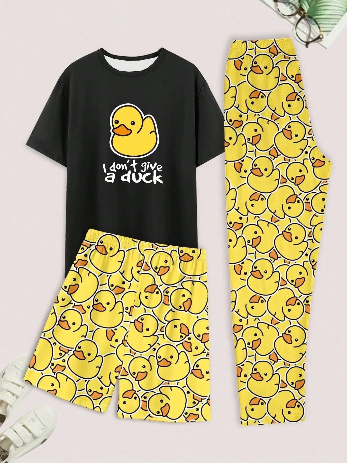 Men's Pajamas Set, Summer Round Neck Solid Color Cute Cartoon Duck Print, Comfortable Short Sleeve Shorts & Long Pants Loungewear - Color 1