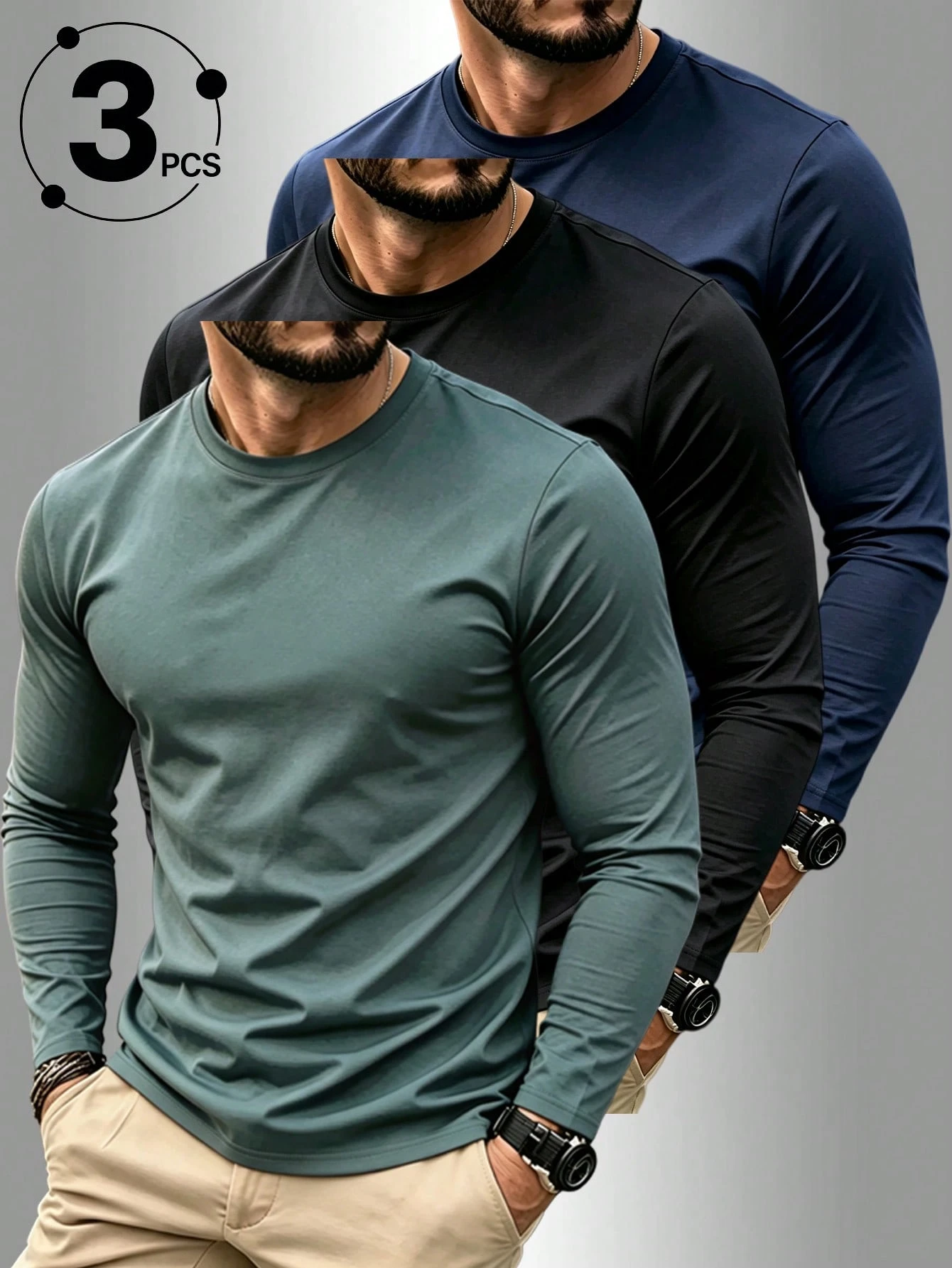 Men's 3-Pack Solid Color Long Sleeve Shirts, Classic Crew Neck Soft Stretch T-Shirts, Everyday Wear Tops