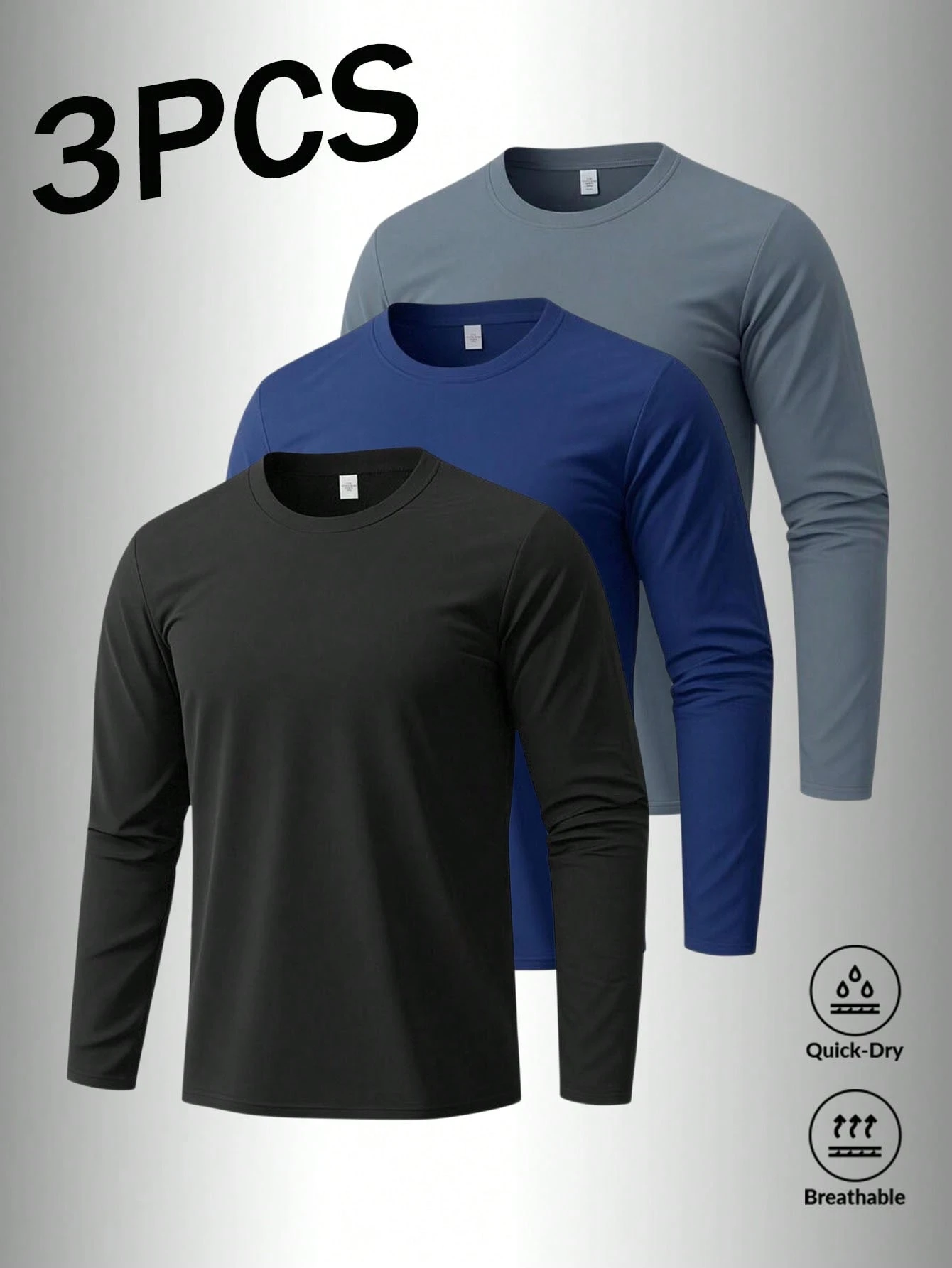 3pcs Solid Color Men's Long Sleeve Sports T-Shirt, Running Fitness Casual Athletic Long Sleeve Crew Neck Men's Base Layer Top, Spring Autumn