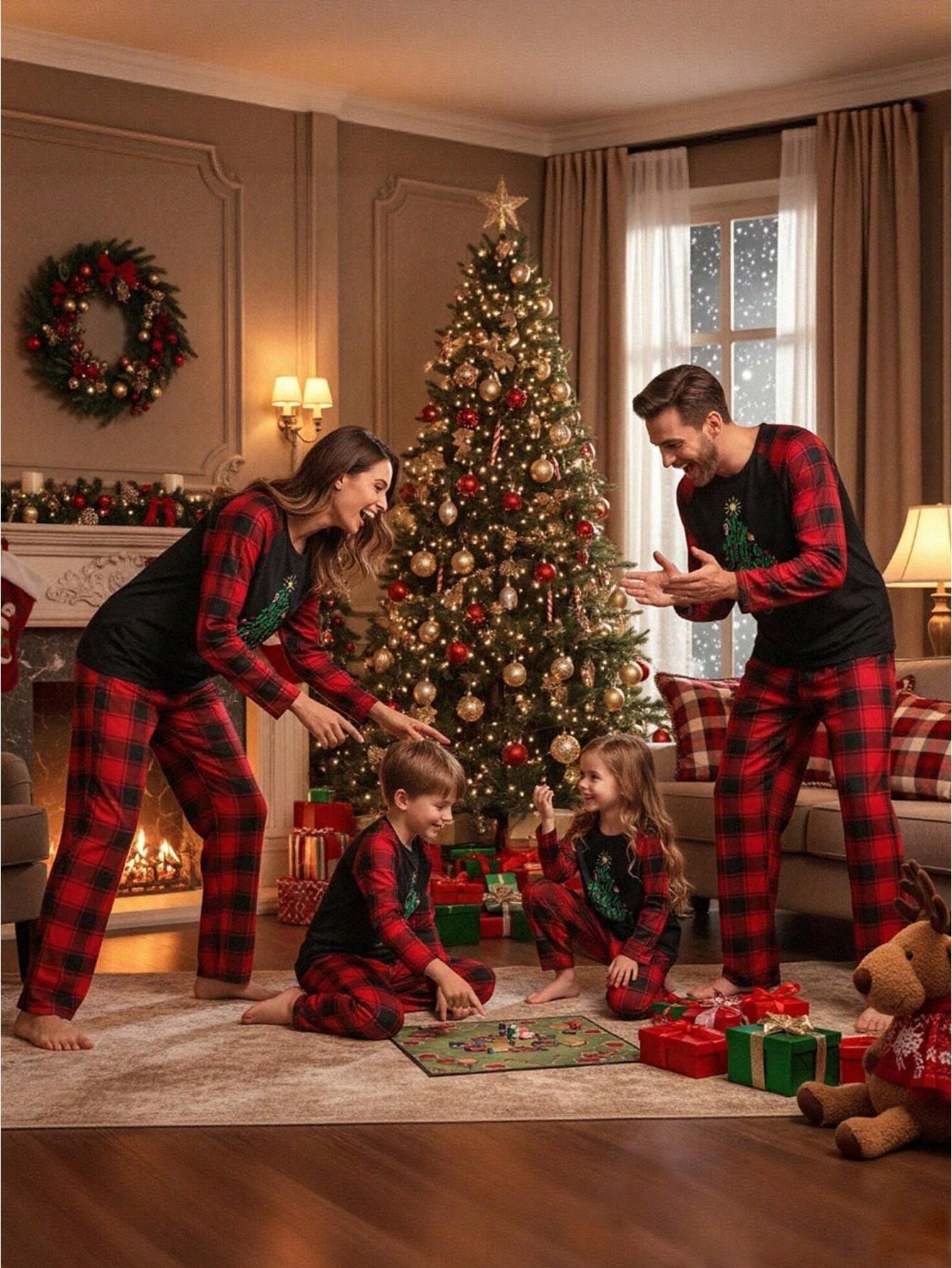 Family Pajamas Matching Set Christmas Tree Print Raglan Sleeve Tops And Elastic Plaid Pants Loungewear Soft Sleepwear - Red