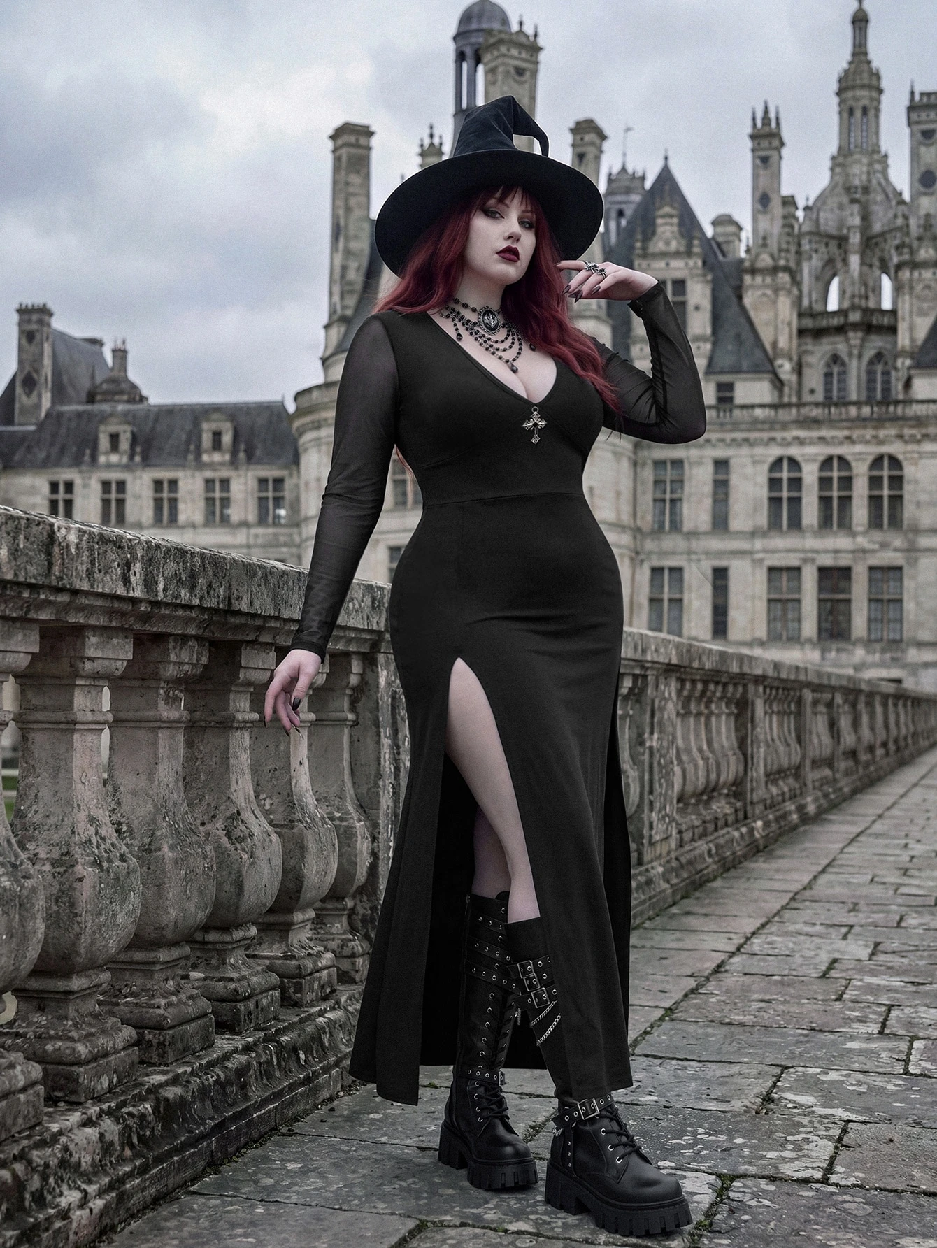 Whyspr Dark Glamorous Gothic V-Neck Mesh Long Sleeve Sexy High Slit Dress Knit Halloween Fall Club Concert Black