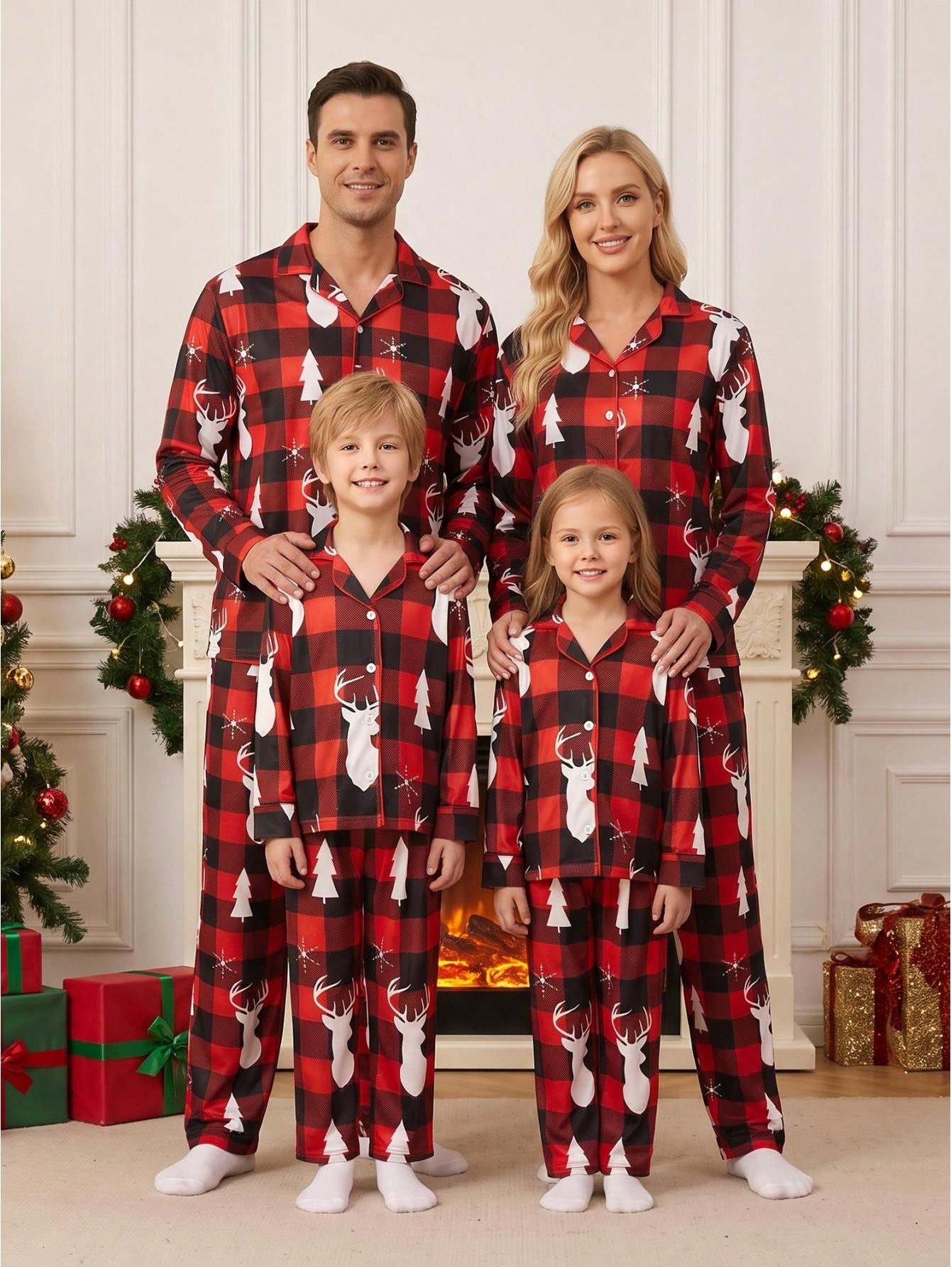 Christmas Family Pajamas Matching Set Long Sleeve Christmas Tree Elk Print Plaid Tops Pants Sleepwear - Red