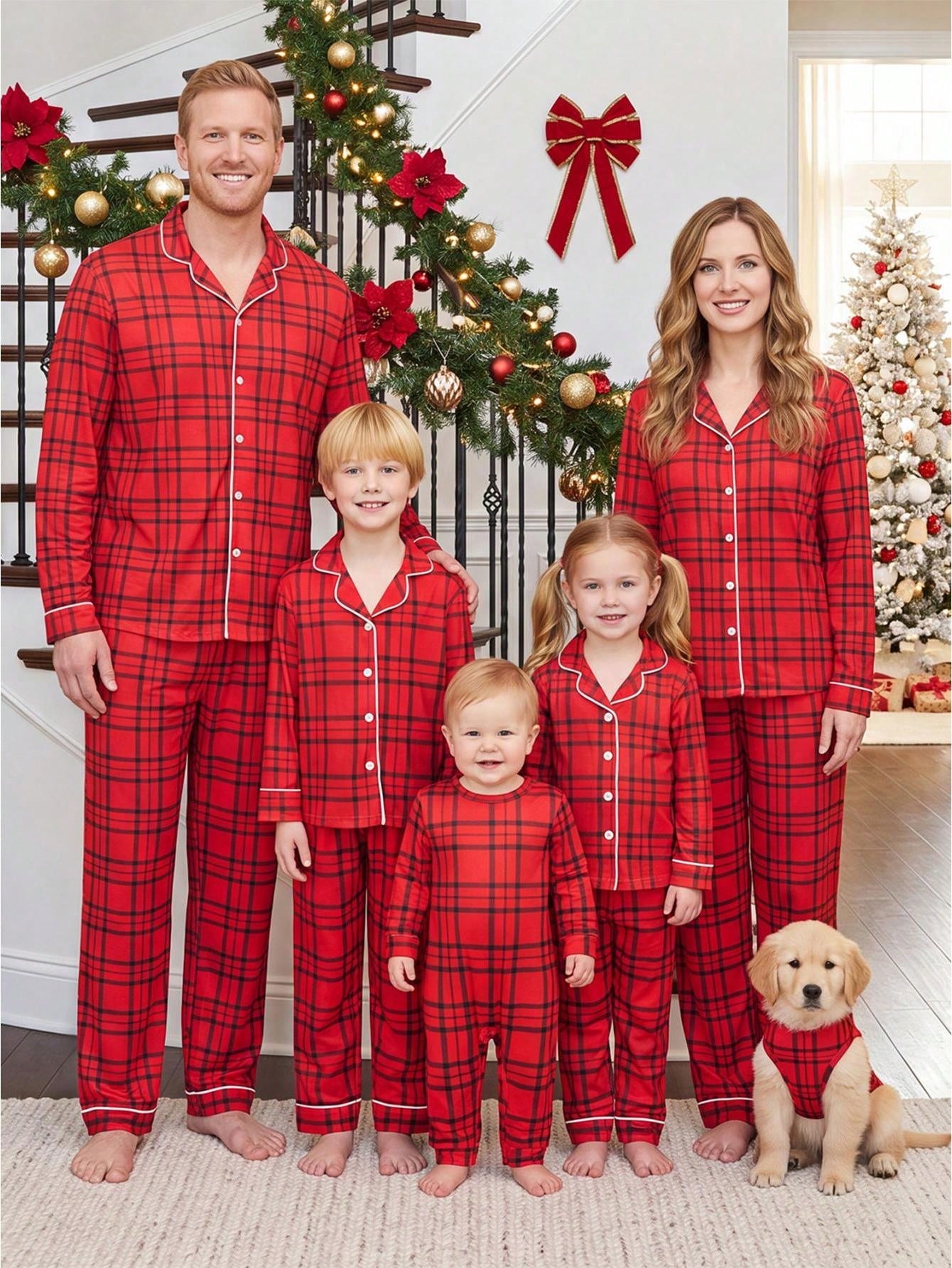 Family Matching Christmas Pajamas Set, Long Sleeve Lapel Red Black Plaid Button Down Outfits, Matching Sleepwear For Family Dog - Red