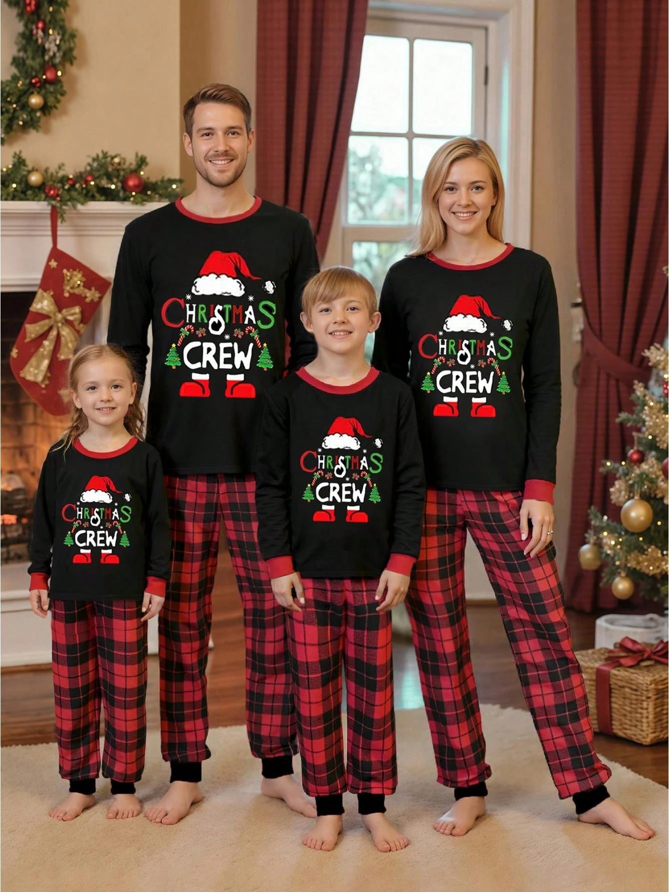 BabyChristmas Family Pajamas Matching Set Santa Claus Print Long Sleeve Tops And Plaid Pants Sleepwear Soft Nightwear - Red