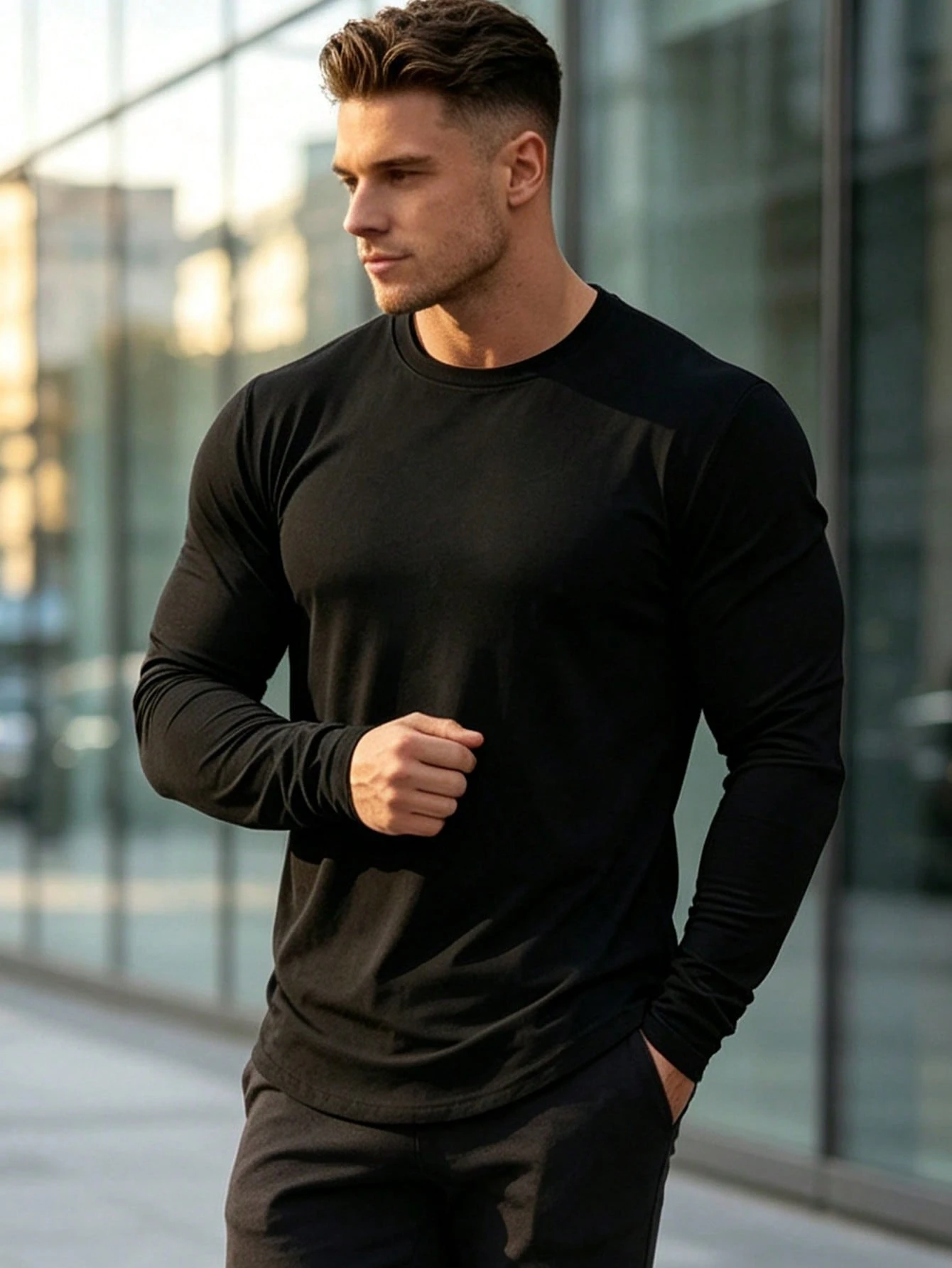 3pcs Solid Color Men's Long Sleeve Sports T-Shirt, Running Fitness Casual Athletic Long Sleeve Crew Neck Men's Base Layer Top, Spring Autumn