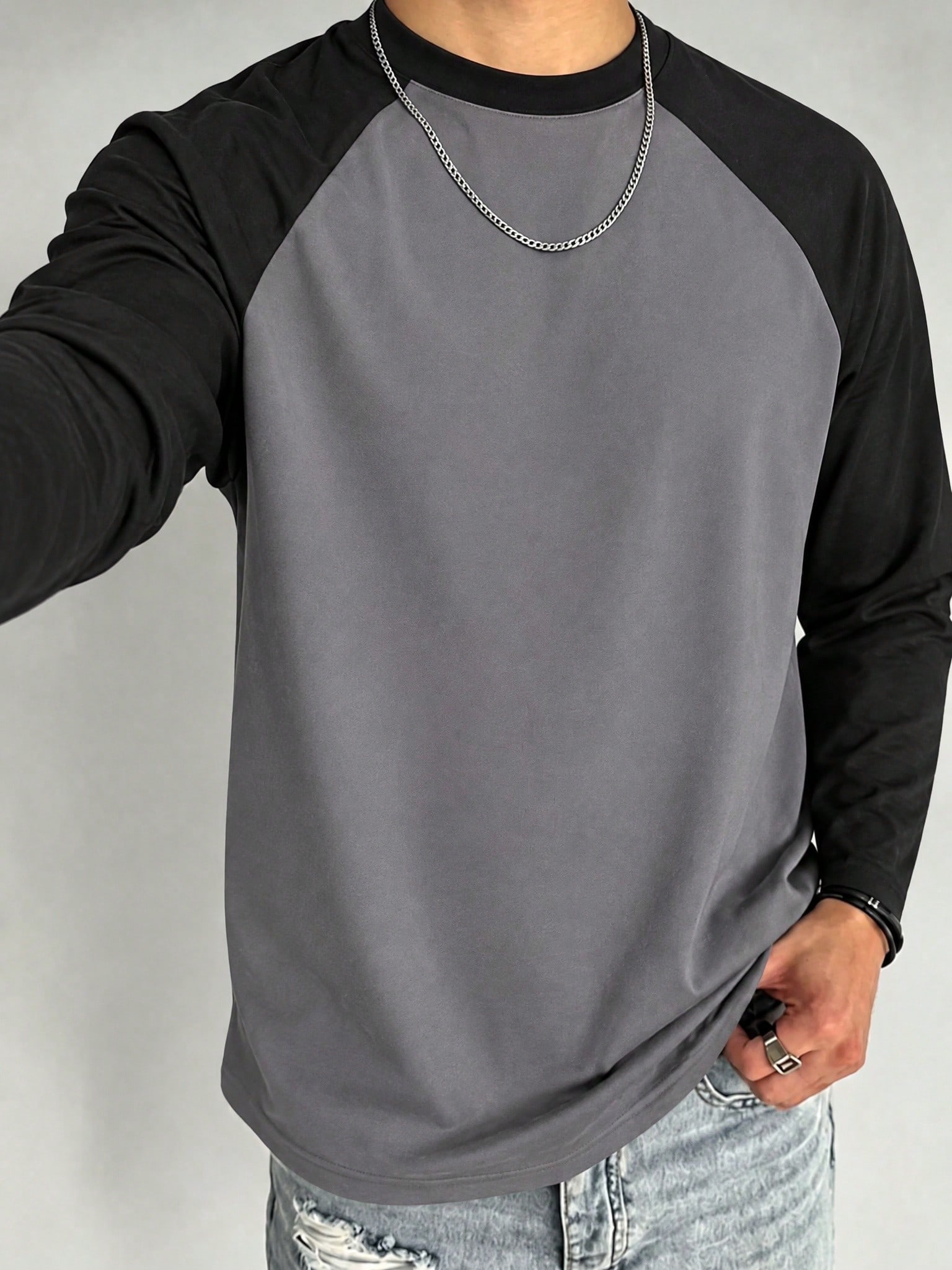 Men's Patchwork Raglan Sleeve Crew Neck Long Sleeve T-Shirt, Autumn/Winter New Base Layer, Sports Fitness Casual Contrast Color Top