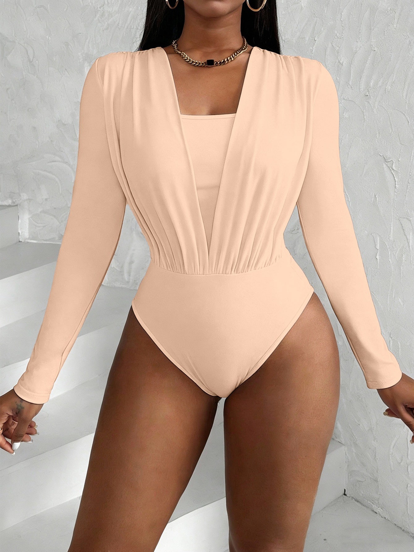 BamGleam Slayr Women's Spring And Summer Pleated Chest 2 In 1 Long Sleeve Fashion Bodysuit - Image 2