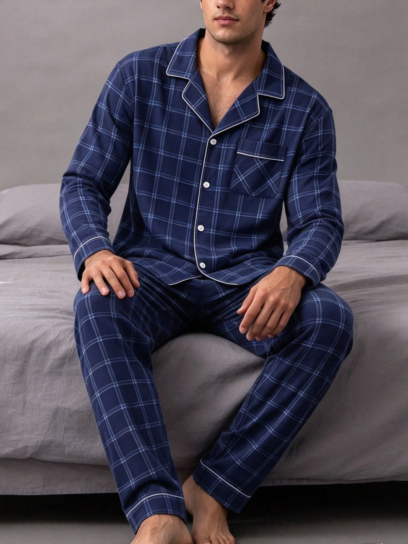 Men's Pajama Set, Spring/Autumn, Turn-Down Collar, Button, Pocket, Contrast Color Plaid Print, Long Sleeve, Long Pants, 2 Pieces Set, Casual, Comfortable, Minimalist, Lazy Style, Homewear