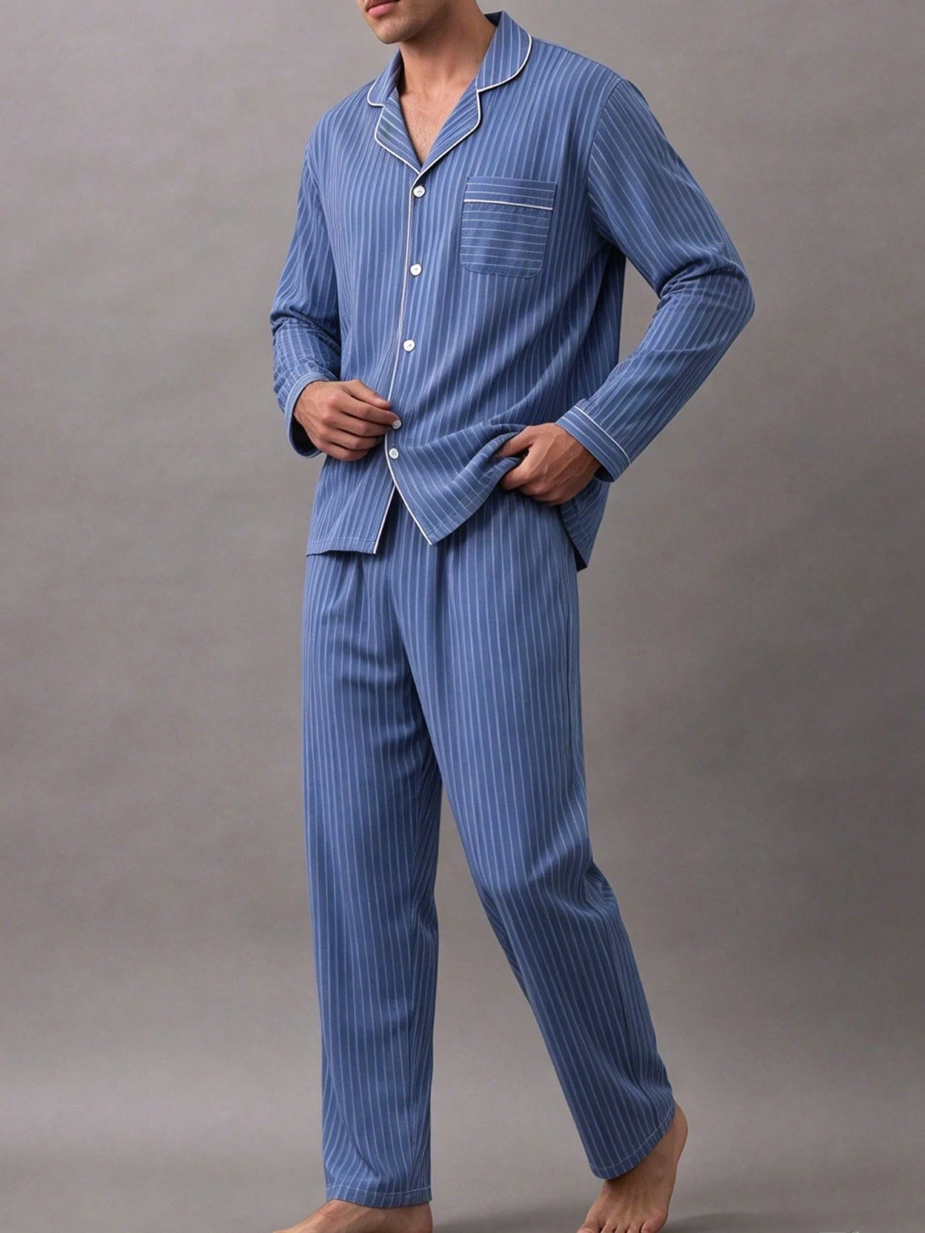 Men's Casual Pajama Set, 2 Pieces Long Sleeve Top And Pants, Lapel Collar, Button Front, Minimalist Contrast Color Striped Print, Lazy Comfortable Fresh Cozy Homewear Outfit, Autumn/Winter