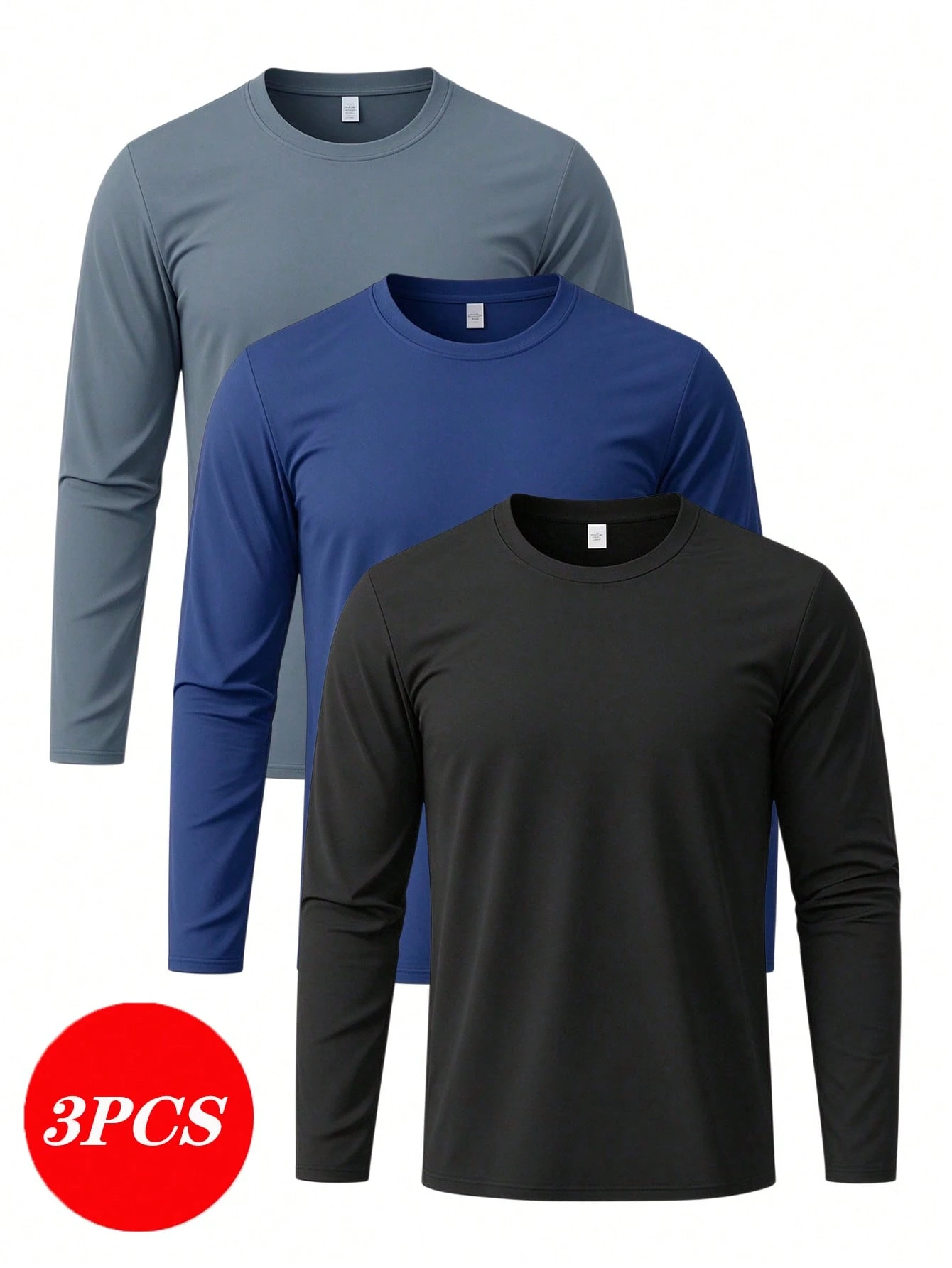 3pcs Solid Color Men's Long Sleeve Sports T-Shirt, Running Fitness Casual Athletic Long Sleeve Crew Neck Men's Base Layer Top, Spring Autumn