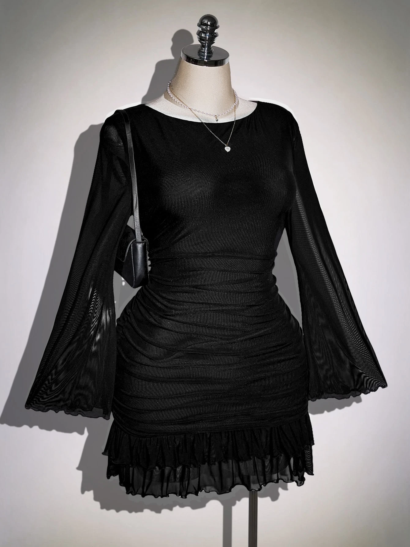 ICON Plus Size Women's Black Ruffle Mesh Dress