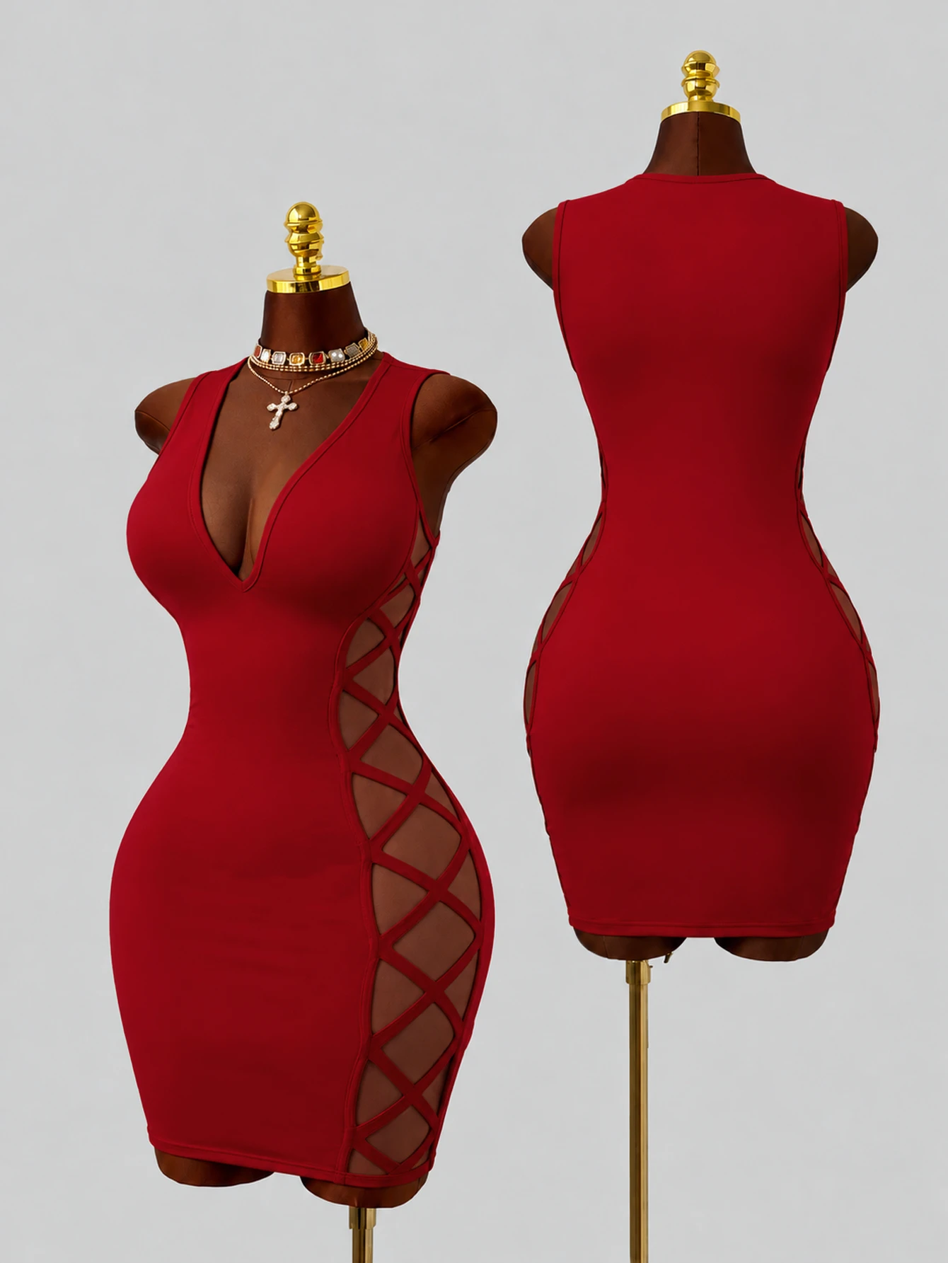 Maweii Plus Size Minimalist Sexy Deep V Neck Sleeveless Tank Dress Side Mesh Crisscross Lace-Up Hollow Out Fitted Bodycon Mini Dress