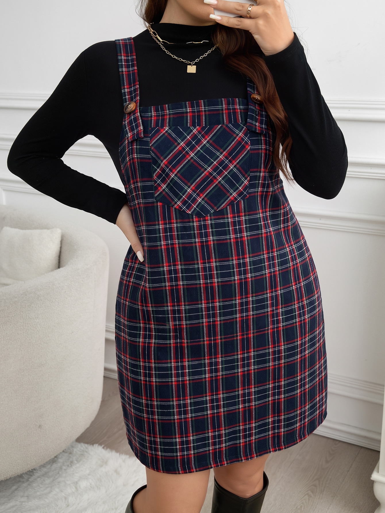 LUNE Plus Size Loose Strap Button Pocket Plaid Casual Elegant 1950s Vintage 1920s 90s Mini Dress Summer For Women Black Khaki Graduation Formal Club