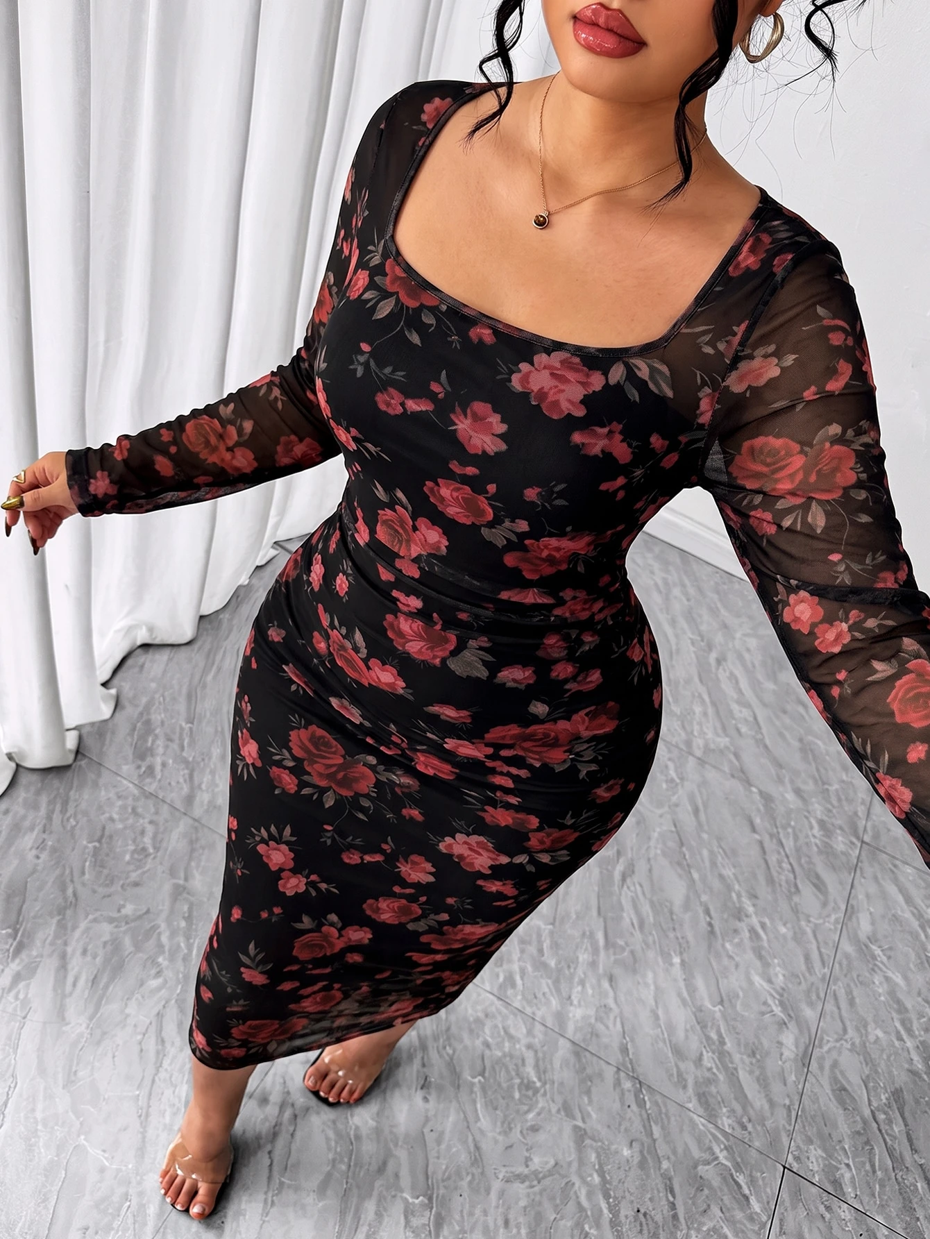 Orbivine Plus Size Leopard Print U-Neck Long Sleeve Ruched Waist Elegant Bodycon Cocktail Dress, Suitable For Work And Party, Autumn/Winter Fall - Color 1