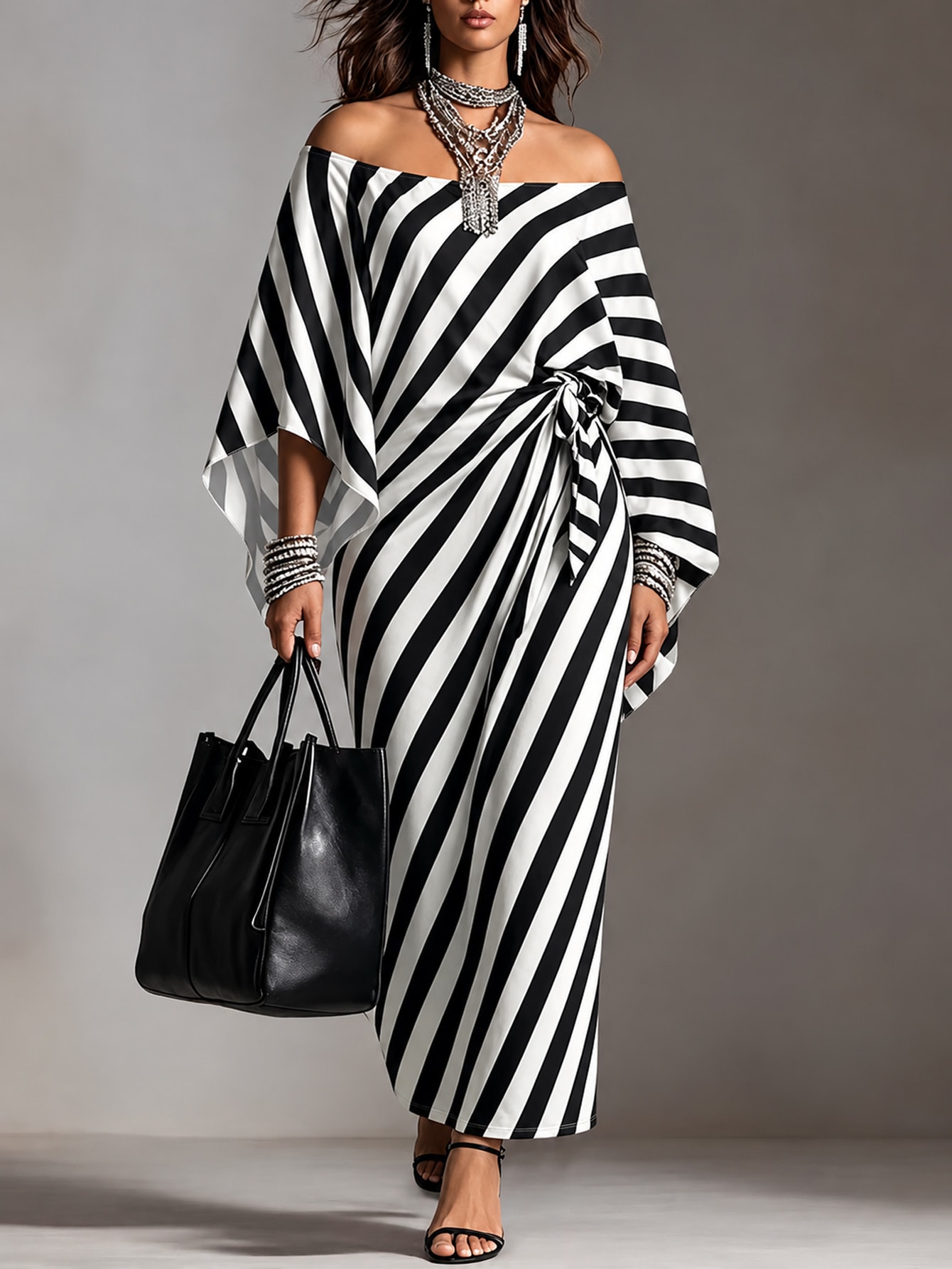 Linhara CURVE Plus Size Women's Striped Off-Shoulder Bell Sleeve Side Waist Knot Fashion Dress - Black and White