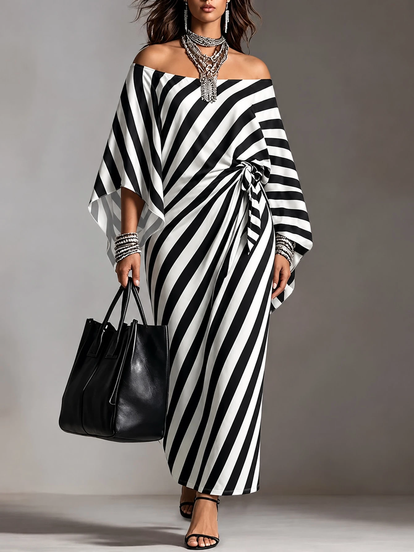 Linhara CURVE Plus Size Women's Striped Off-Shoulder Bell Sleeve Side Waist Knot Fashion Dress