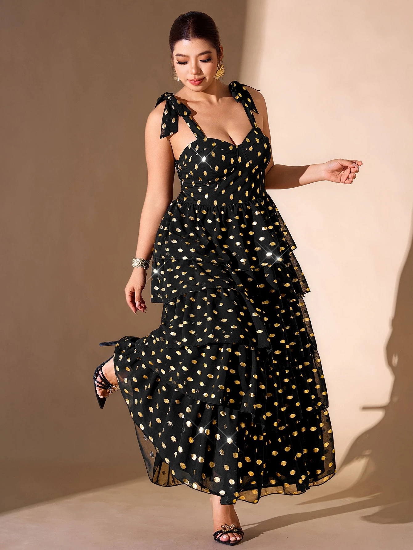 Cravure Plus Size Women's Gold Foil Polka Dot Shoulder Knot Elegant Ruffle Hem Dress