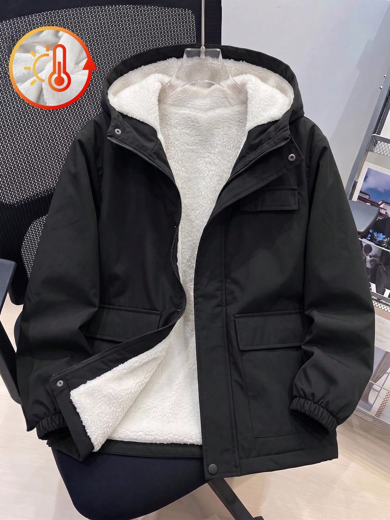 Boys' Teen Black Hooded Cargo Jacket, Loose Fit Thick Warm Padded Coat