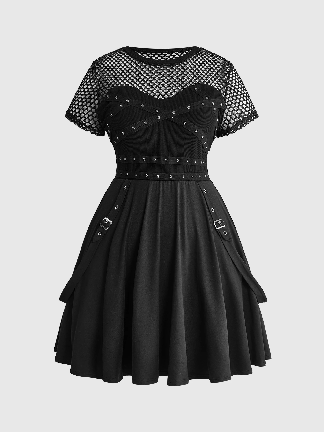 ROMWE Grunge Punk Plus Size Punk Music Festival Rock Studded Rhinestone Webbing Mesh Sexy Hollow Out Dress