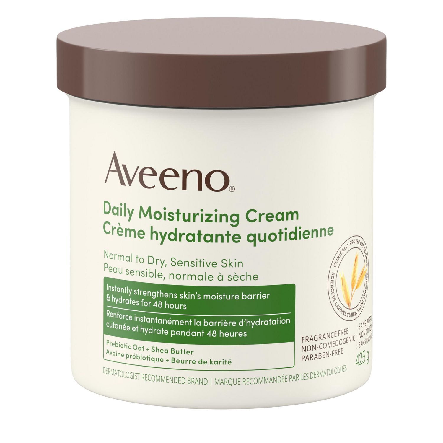 Aveeno Daily Moisturizing Cream with Prebiotic Oat & Shea Butter, for Normal to Dry, Sensitive Skin Hydrates for 48 Hours, Fragrance Free, Non-Greasy, & Non- Comedogenic, 425 g