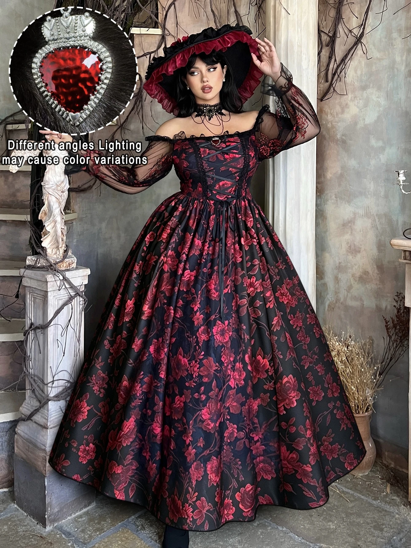 Lyrianda Plus Size Elegant Vintage Square Neck Pleated Ruffle Short Sleeve Colorblock Red & Black Lace Punk Dark Halloween Sheer Sexy Puff Sleeve Maxi Dress For Party Holiday Event Gathering Dress
