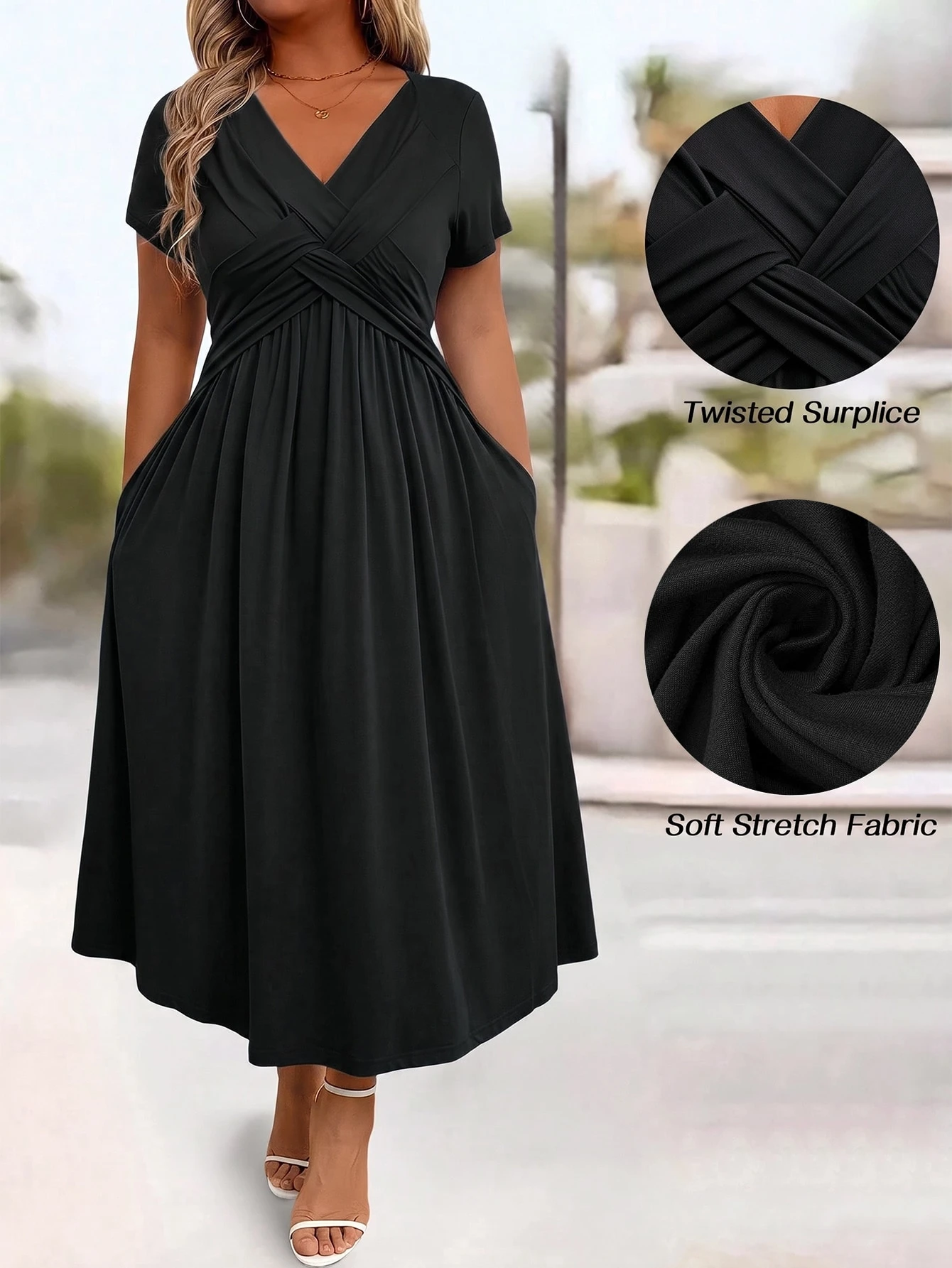 EMERY ROSE Plus Size Casual Solid Color V-Neck Cinched Waist Slant Pocket Sundress For Summer, For Thanksgiving Maxi Women Outfit