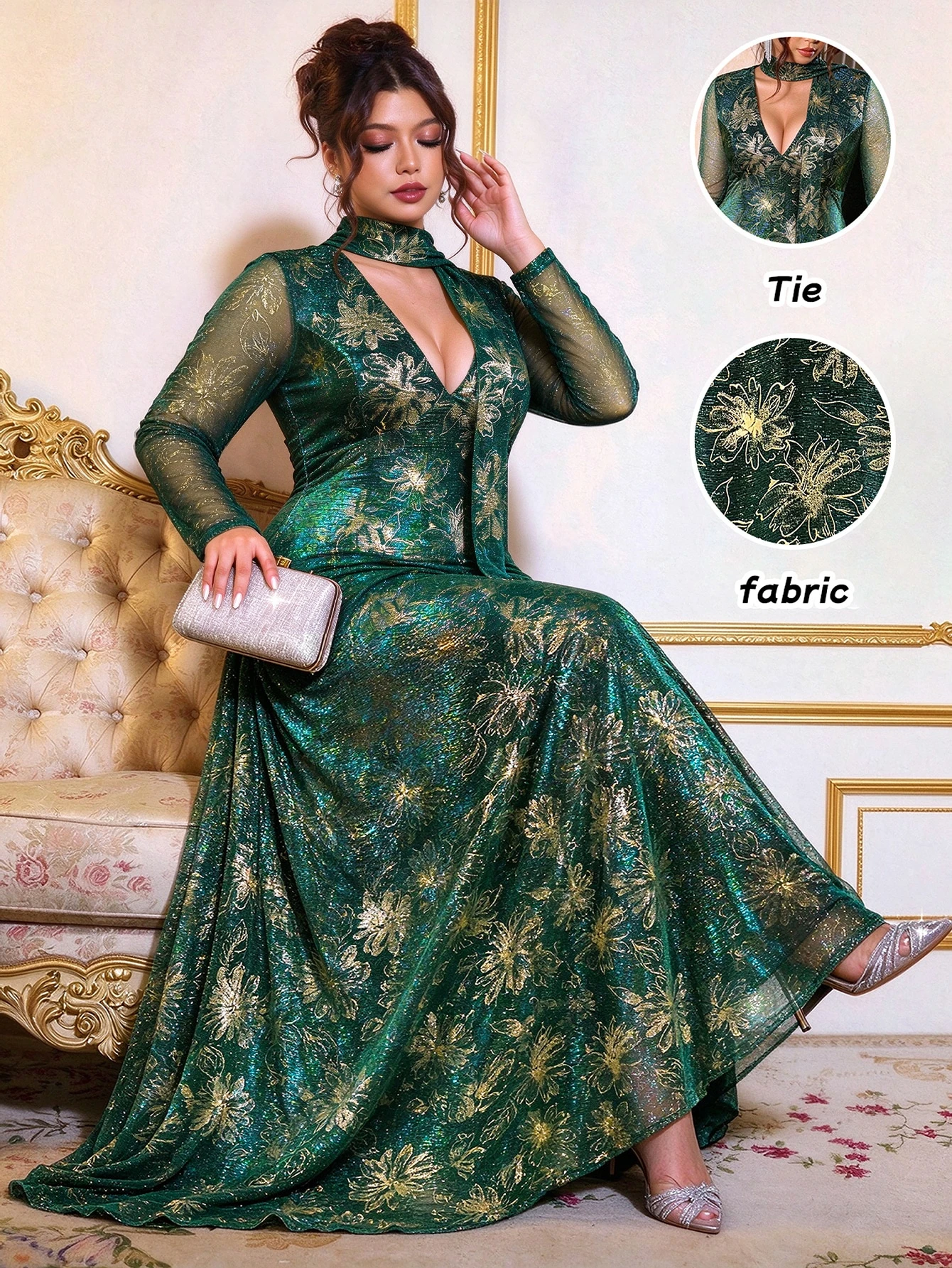 Cravure Glamorous Gold Foil Floral Print Elastic Glitter Mesh Fabric Halter Neck Deep V-Neck Long Sleeve Full Skirt Dress Plus Size Party Evening Date Gathering Atmosphere Dress