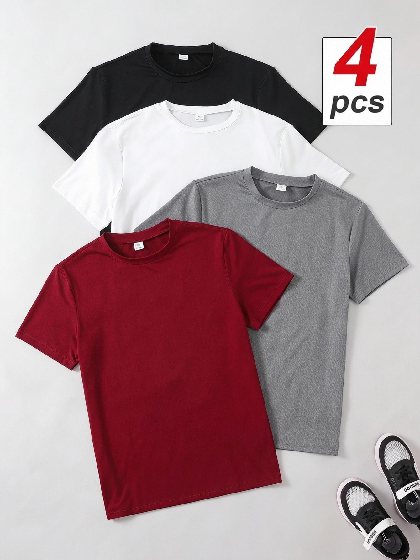 SHEIN 4pcs/Set Boys' Round Neck Short Sleeve T-Shirts, Casual Cute Teen Streetwear Baggy Sixth Form Beach Black White Grey Red Summer
