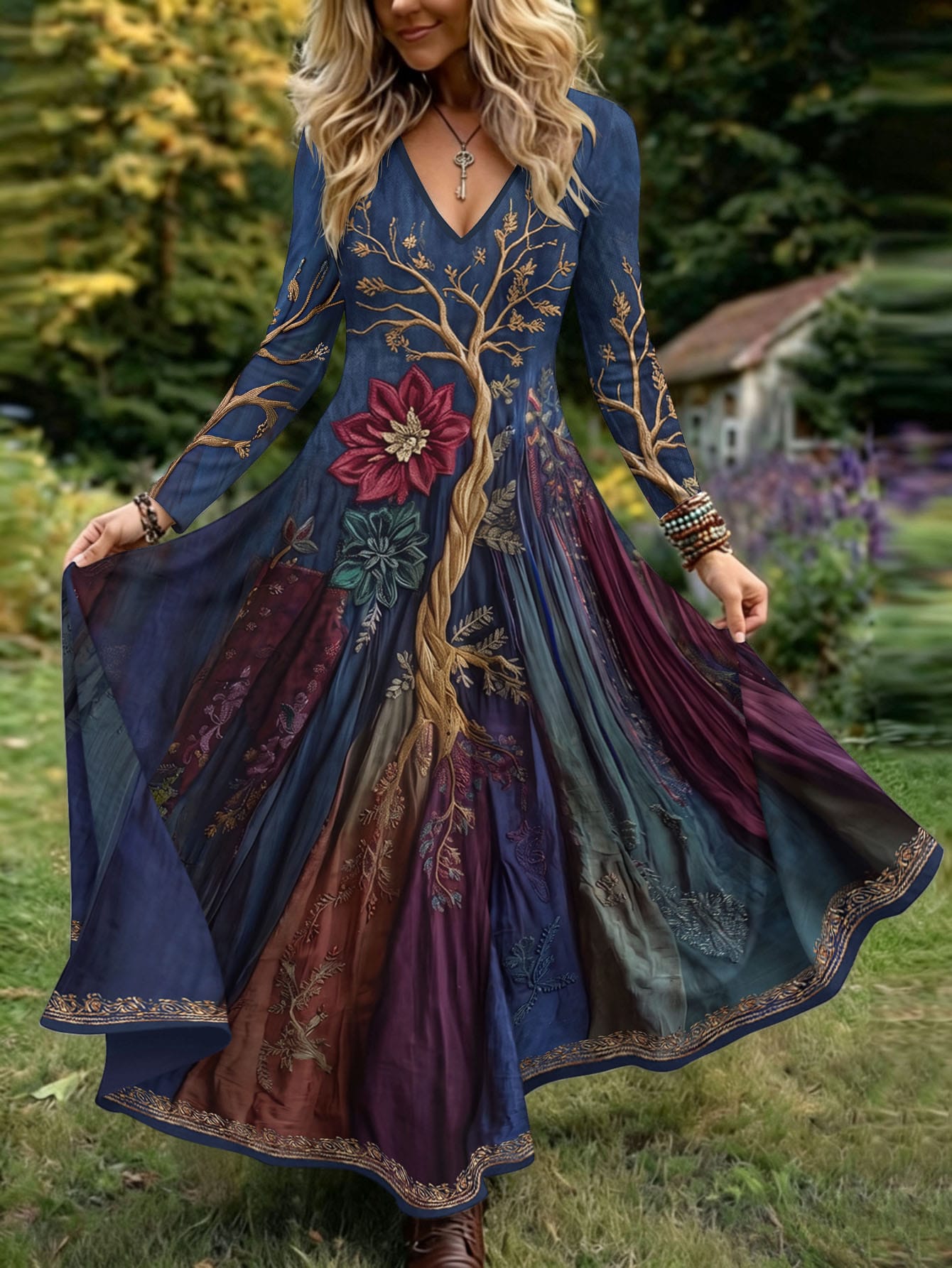 LUNE Plus Size Halloween Witch Style Vintage Tree Of Life Print V-Neck Long Sleeve Dress, Loose Casual Bohemian Dress, Mysterious Navy Blue To Burnt Orange Gradient Elegant Gothic Semi-Formal Women's Outfit, Autumn Party Gathering Vacation Outfit
