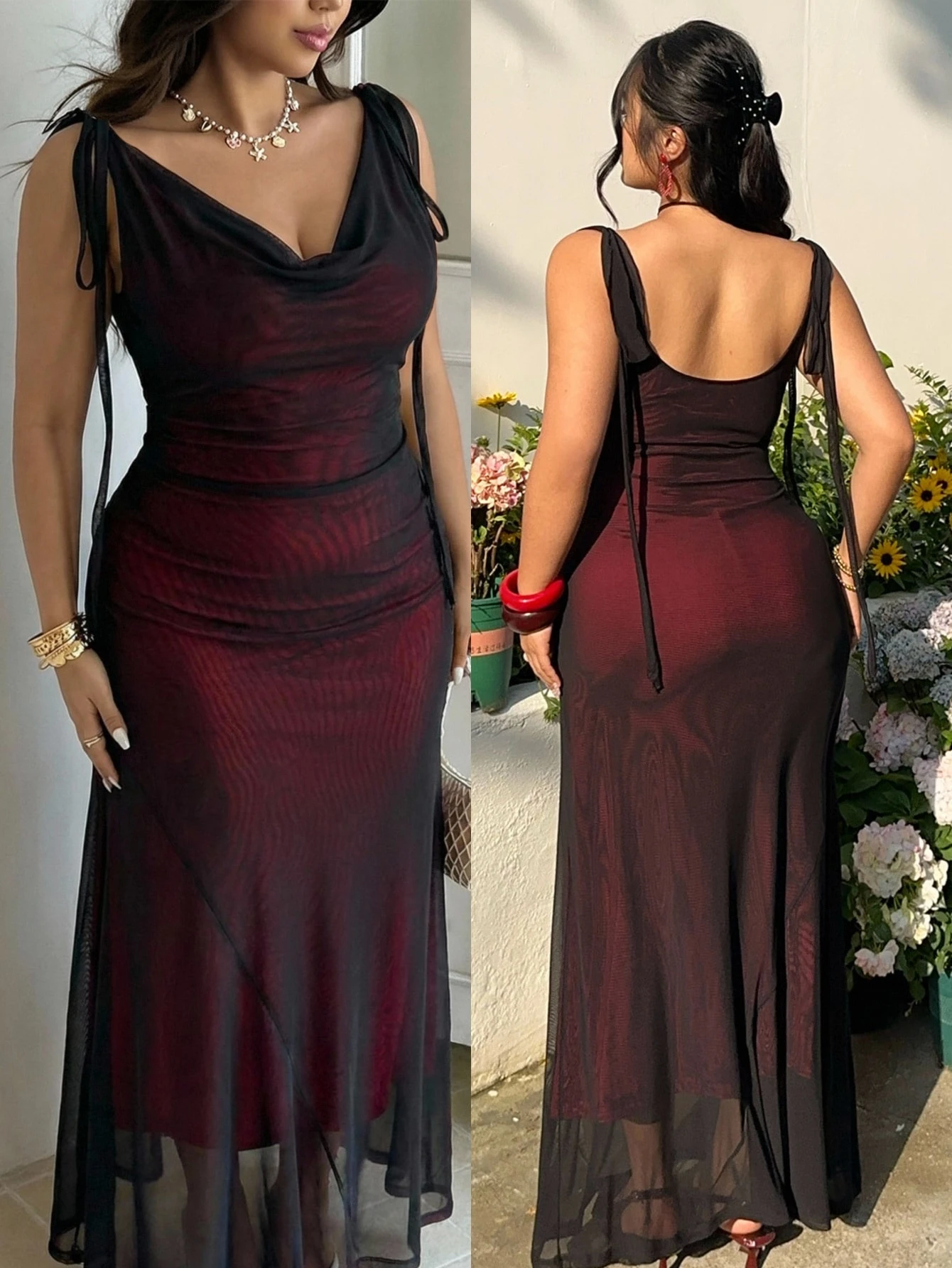 GalTyme Plus Size Women Elegant Mesh Draped Neck Sleeveless Dress, Spring/Summer