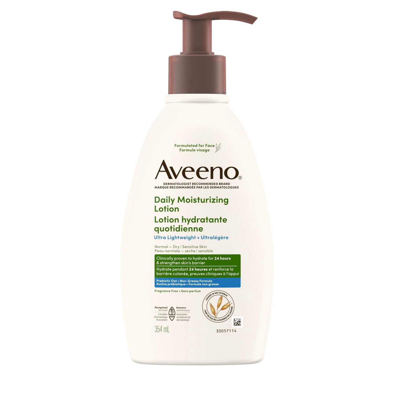 Aveeno Daily Moisturizing Lotion Ultra Lightweight, Prebiotic Oat, Fragrance-Free, Paraben-Free, Formulated for face, 354 mL