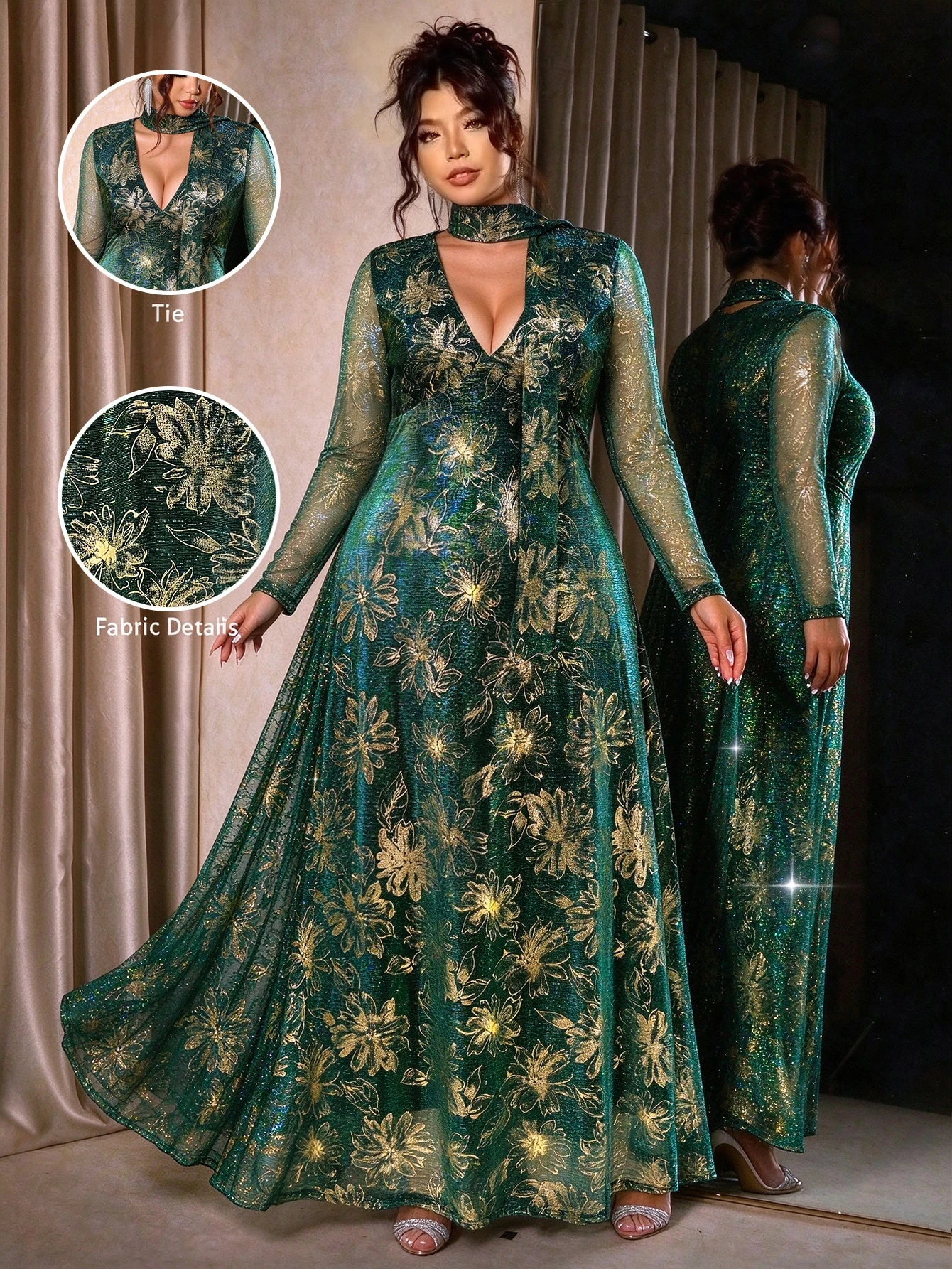 Cravure Glamorous Gold Foil Floral Print Elastic Glitter Mesh Fabric Halter Neck Deep V-Neck Long Sleeve Full Skirt Dress Plus Size Party Evening Date Gathering Atmosphere Dress