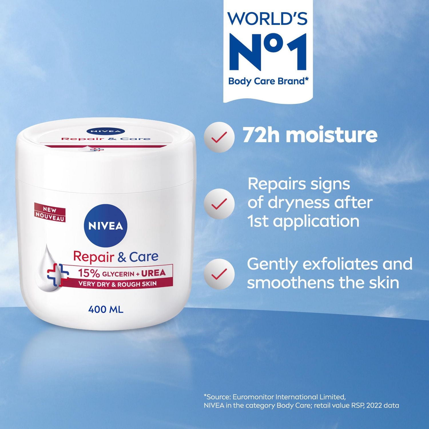 NIVEA Repair and Care Cream, 15% Glycerin + Urea Body Moisturizers, Very Dry Skin, 400mL Jar