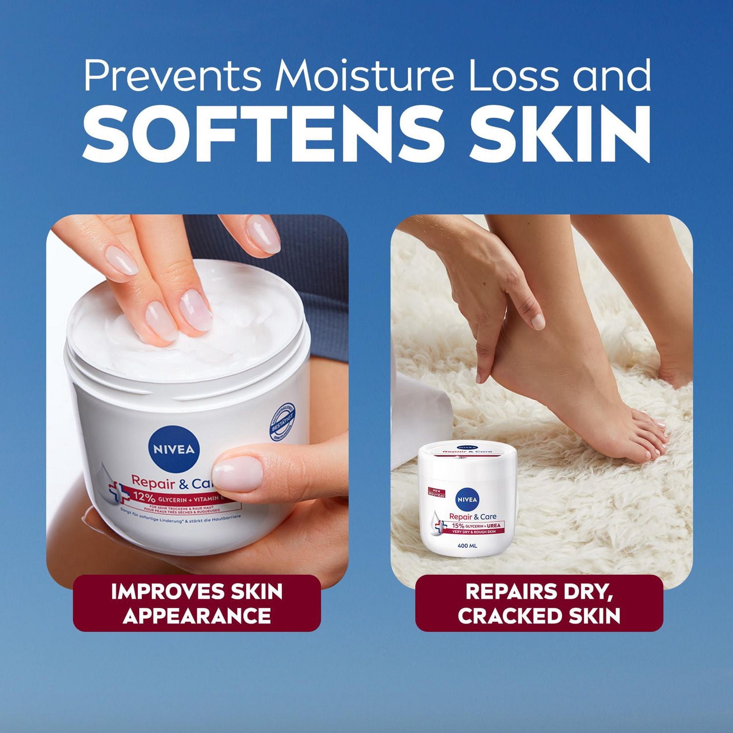 NIVEA Repair and Care Cream, 15% Glycerin + Urea Body Moisturizers, Very Dry Skin, 400mL Jar
