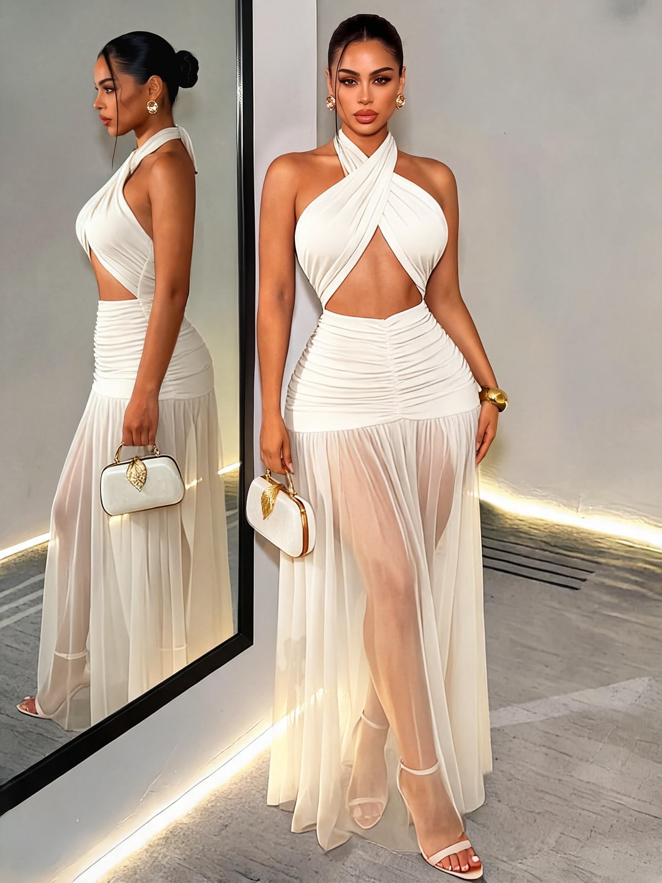 BamGleam Women's Extra Long Dragging Neck Mesh Ruched Backless Dress Night Out Black Summer Elegant - Image 2