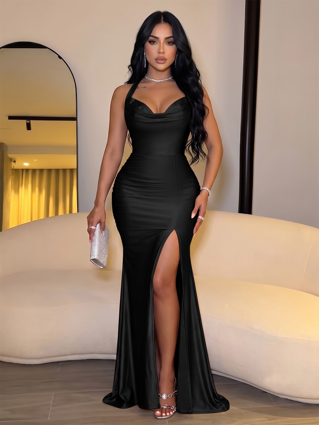 SOLERSUN Women's Champagne Off Shoulder Ruched Maxi Dress, Bow Tie Sleeve Side Slit Bodycon Party Dress - Image 2
