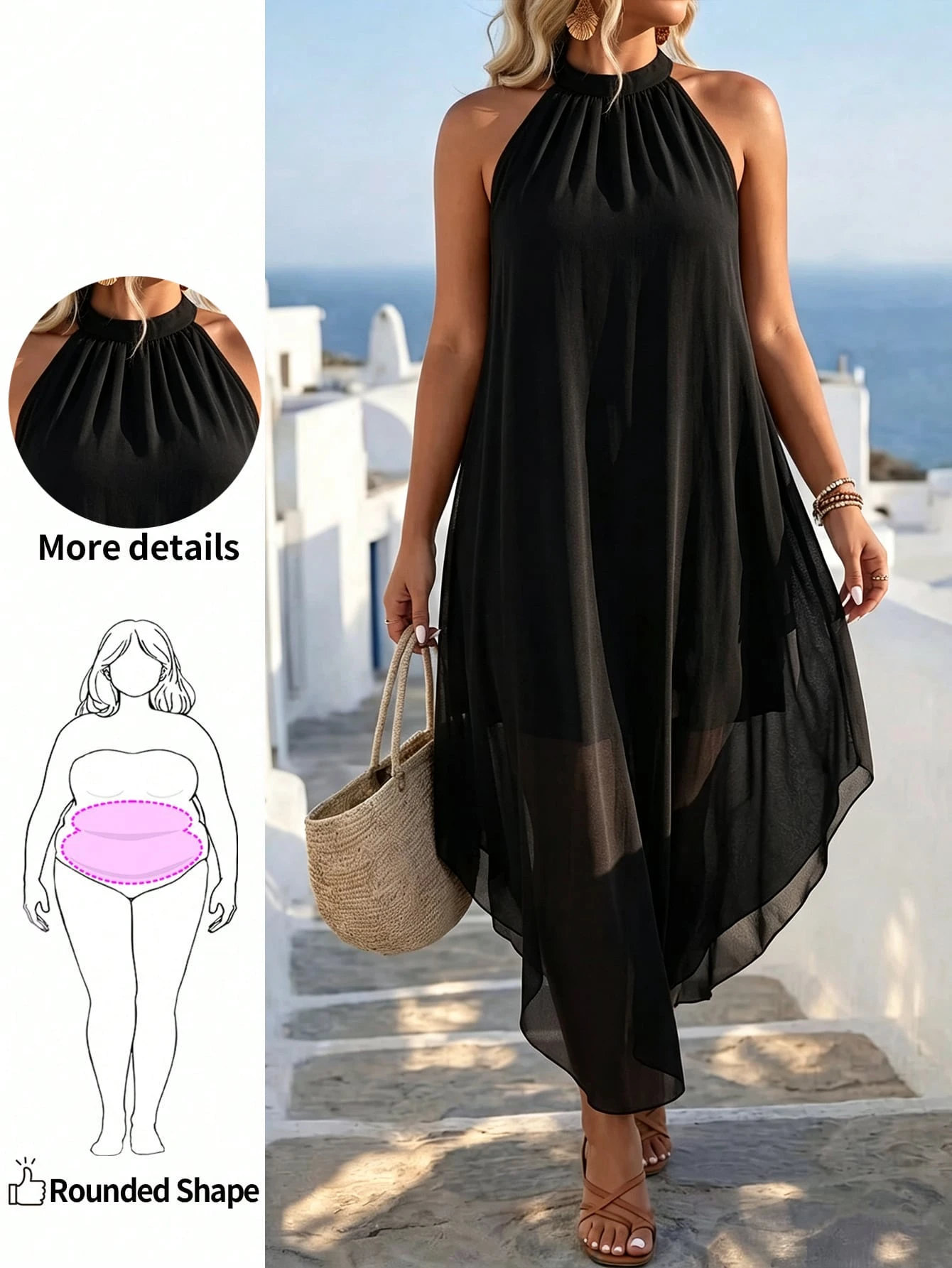EMERY ROSE Plus Solid Asymmetrical Hem Halter Neck Dress Maxi Women Outfit