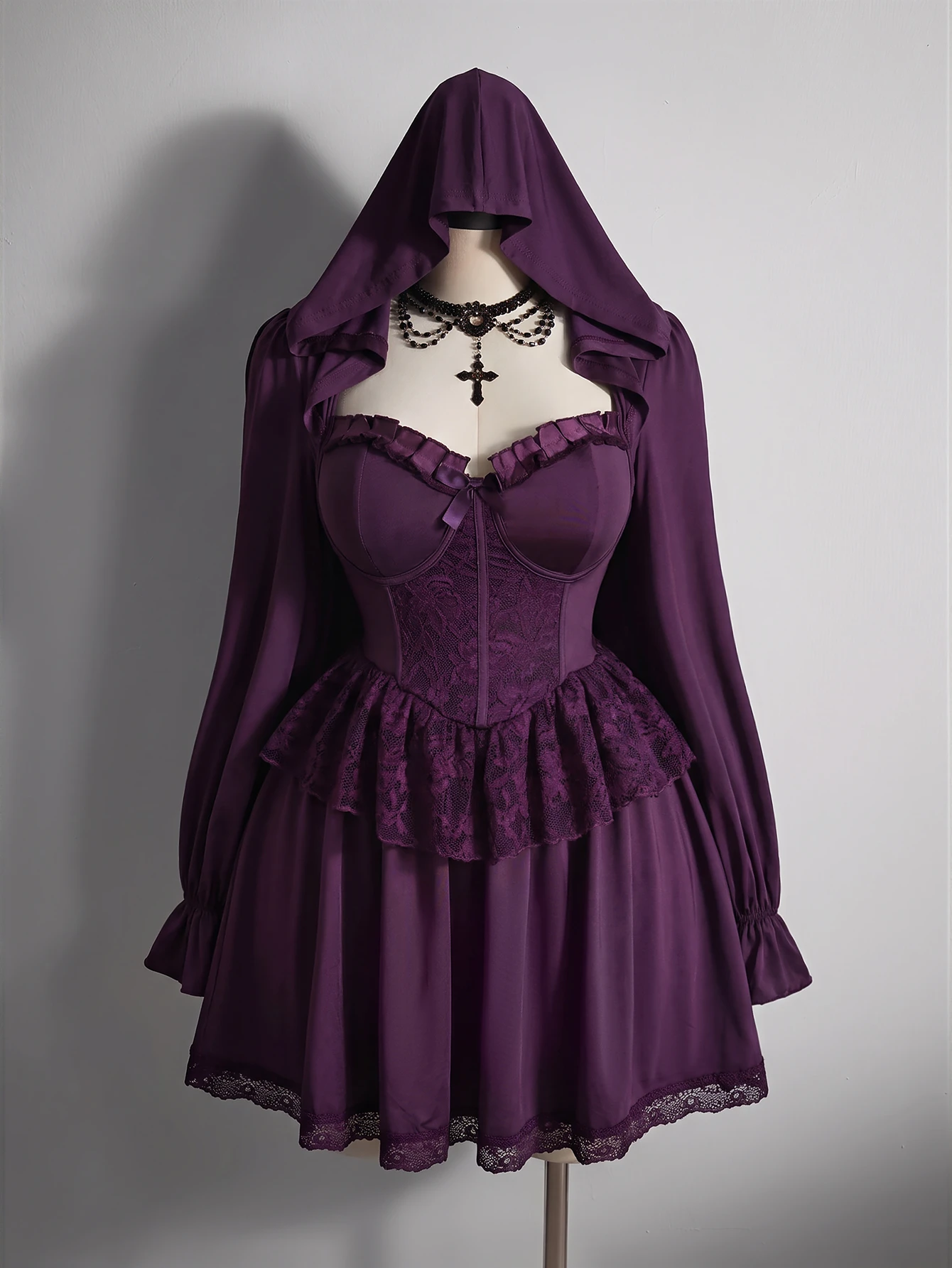 SHEIN ICON Plus Size Black Hooded Lantern Sleeve Sexy Mini Dress, Suitable For Halloween Party, Halloween Costume, Witch/Fall/Winter