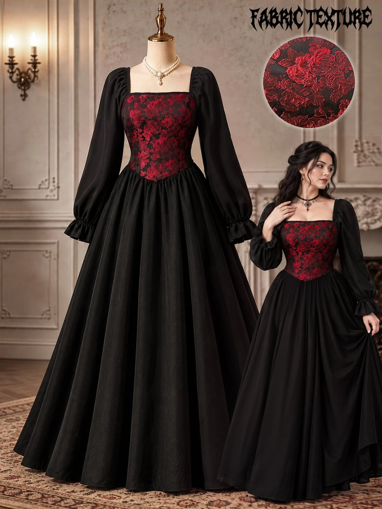 Rometta Plus Size Women's Autumn Halloween Square Neck Burgundy Jacquard Fabric Black Contrast Color Versatile Casual Minimalist Dress Fall