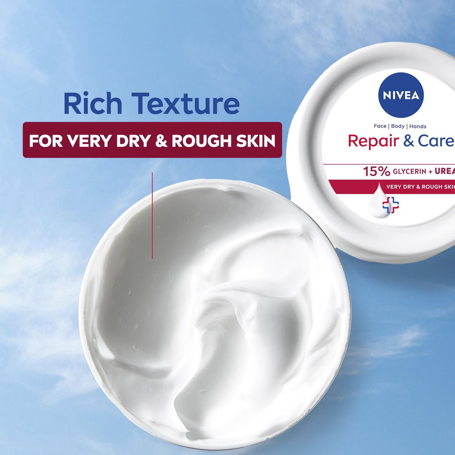 NIVEA Repair and Care Cream, 15% Glycerin + Urea Body Moisturizers, Very Dry Skin, 400mL Jar